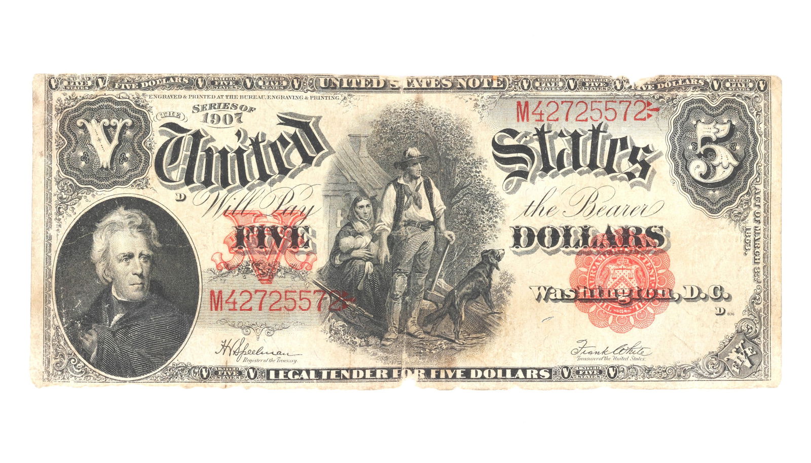 1907 US $5 LEGAL TENDER BANK NOTE "WOODCHOPPER" (1 of 2)