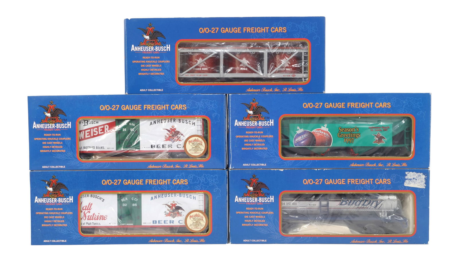 K-LINE O GAUGE ANHEUSER-BUSCH TRAIN CARS - LOT OF 5 (1 of 2)