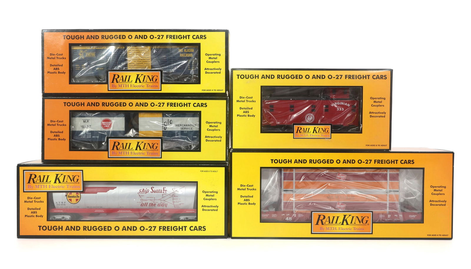 MTH RAIL KING O-27 GAUGE TRAIN CARS - LOT OF 5: IMPORTANT SHIPPING NOTE - PLEASE READ | LiveAuctioneers "LiveShipping" Is Unreasonable & Costly: LiveAuctioneers now requires all auctioneers to offer their "LiveShipping" service. Auctioneers no long