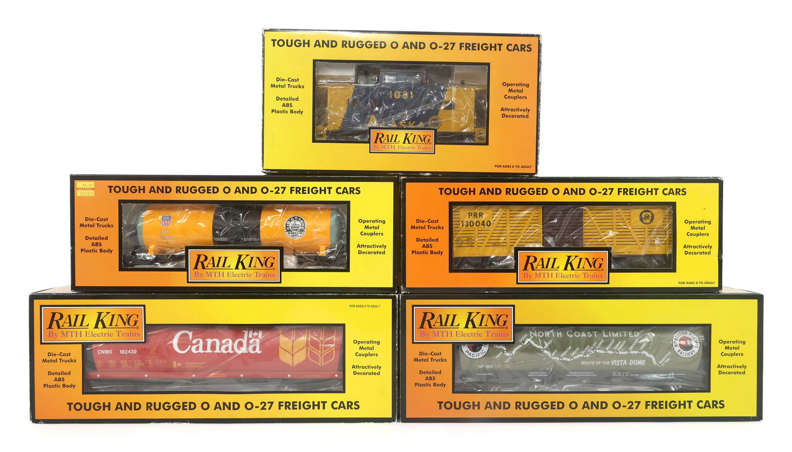 MTH RAIL KING O-27 GAUGE TRAIN CARS - LOT OF 5: IMPORTANT SHIPPING NOTE - PLEASE READ | LiveAuctioneers "LiveShipping" Is Unreasonable & Costly: LiveAuctioneers now requires all auctioneers to offer their "LiveShipping" service. Auctioneers no long
