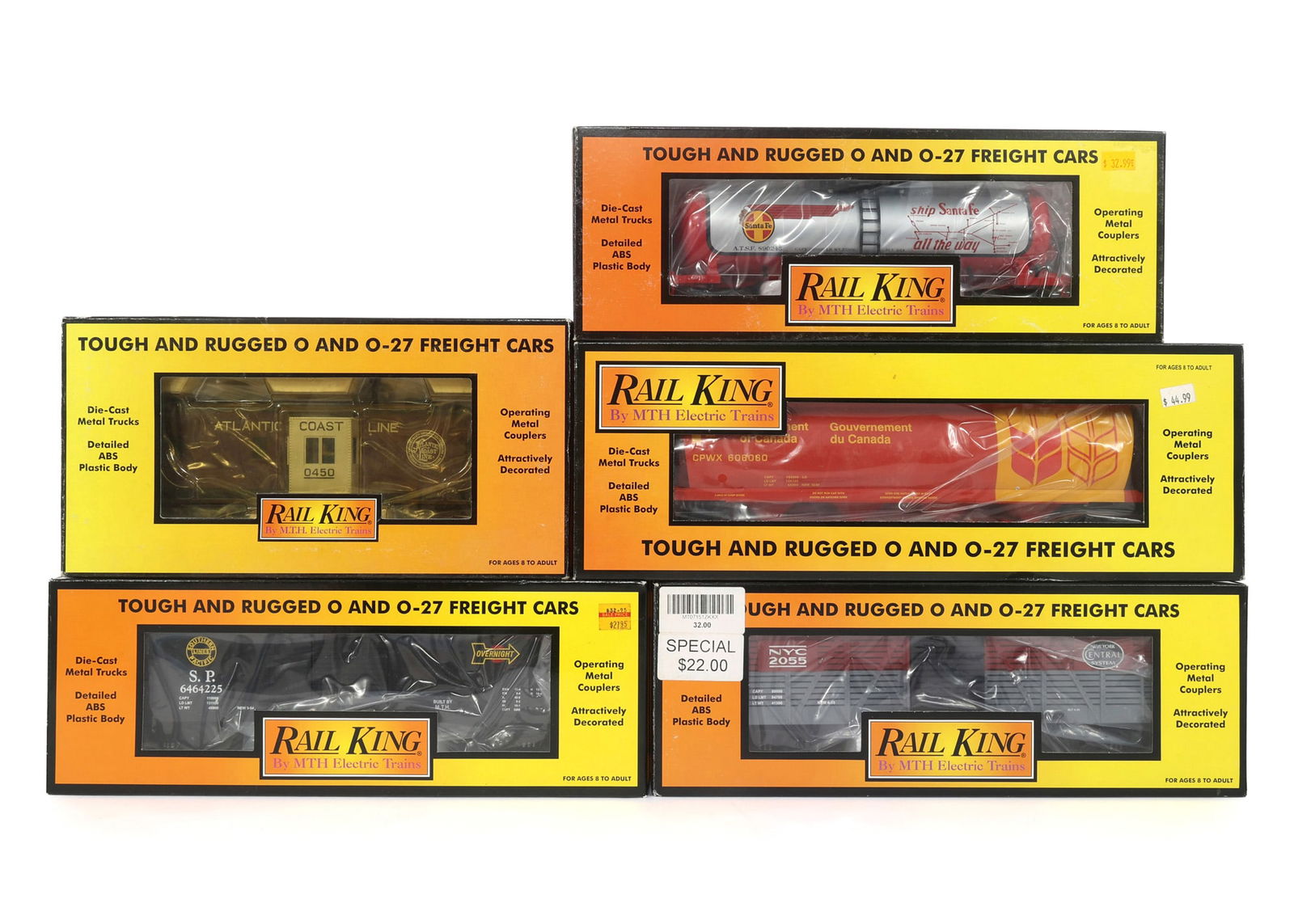 MTH RAIL KING O-27 GAUGE TRAIN CARS - LOT OF 5: IMPORTANT SHIPPING NOTE - PLEASE READ | LiveAuctioneers "LiveShipping" Is Unreasonable & Costly: LiveAuctioneers now requires all auctioneers to offer their "LiveShipping" service. Auctioneers no long