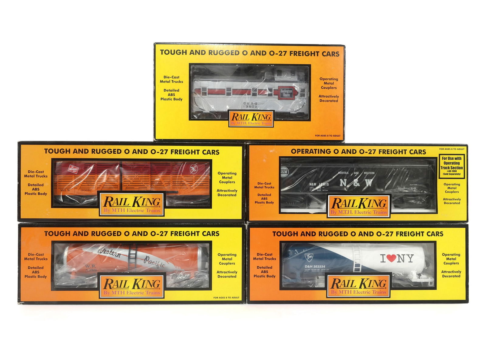 MTH RAIL KING O-27 GAUGE TRAIN CARS - LOT OF 5: IMPORTANT SHIPPING NOTE - PLEASE READ | LiveAuctioneers "LiveShipping" Is Unreasonable & Costly: LiveAuctioneers now requires all auctioneers to offer their "LiveShipping" service. Auctioneers no long