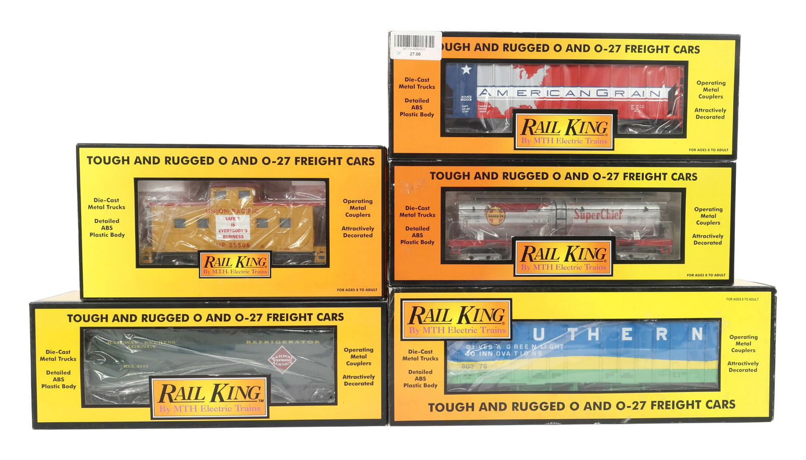 MTH RAIL KING O-27 GAUGE TRAIN CARS - LOT OF 5: IMPORTANT SHIPPING NOTE - PLEASE READ | LiveAuctioneers "LiveShipping" Is Unreasonable & Costly: LiveAuctioneers now requires all auctioneers to offer their "LiveShipping" service. Auctioneers no long