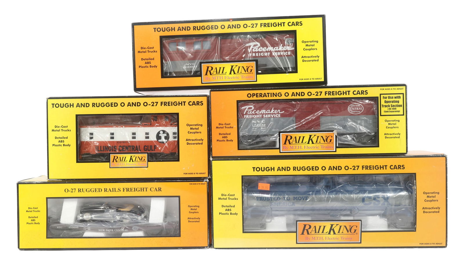 MTH RAIL KING O-27 GAUGE TRAIN CARS - LOT OF 5: IMPORTANT SHIPPING NOTE - PLEASE READ | LiveAuctioneers "LiveShipping" Is Unreasonable & Costly: LiveAuctioneers now requires all auctioneers to offer their "LiveShipping" service. Auctioneers no long