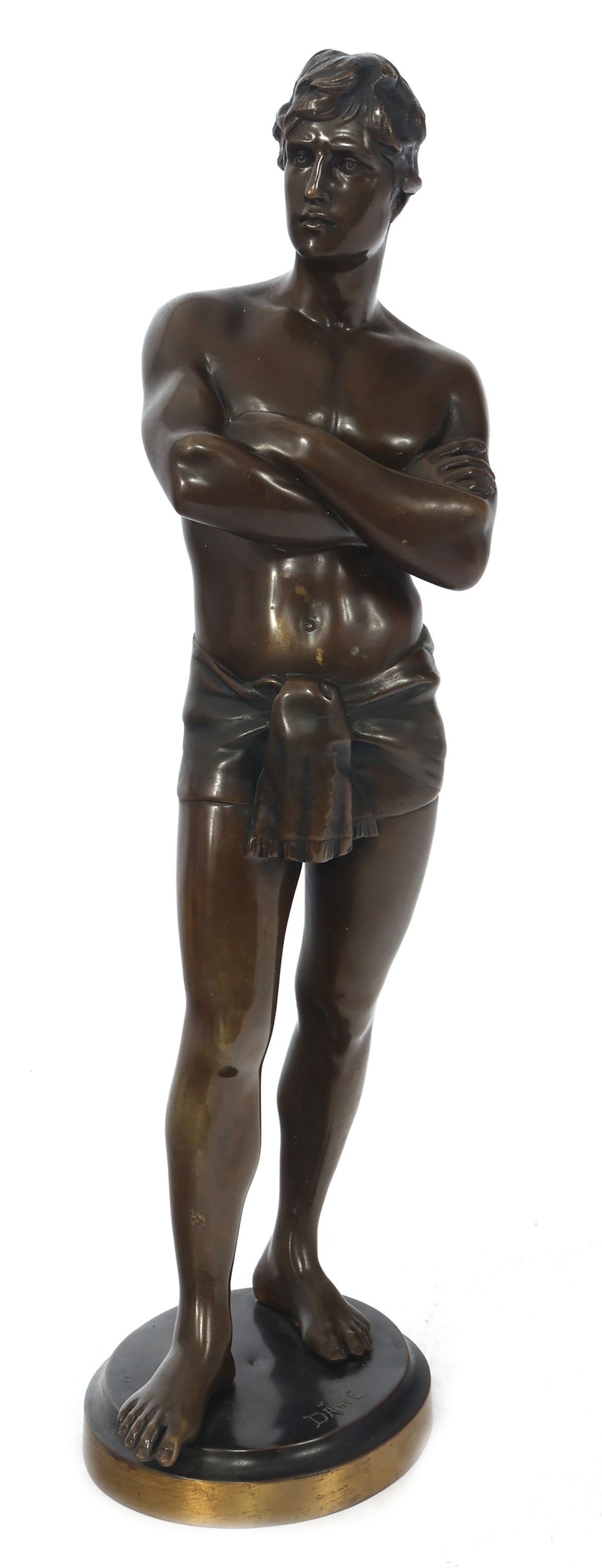 AFTER JOHAN BORJESON THE SWIMMER BRONZE SCULPTURE: AFTER JOHAN BORJESON THE SWIMMER BRONZE SCULPTURE After Johan Laurentius Helenus Börjeson (Swedish, 1835-1910), a 20th-century cast bronze sculpture named "The Swimmer." Signed DÄNE to