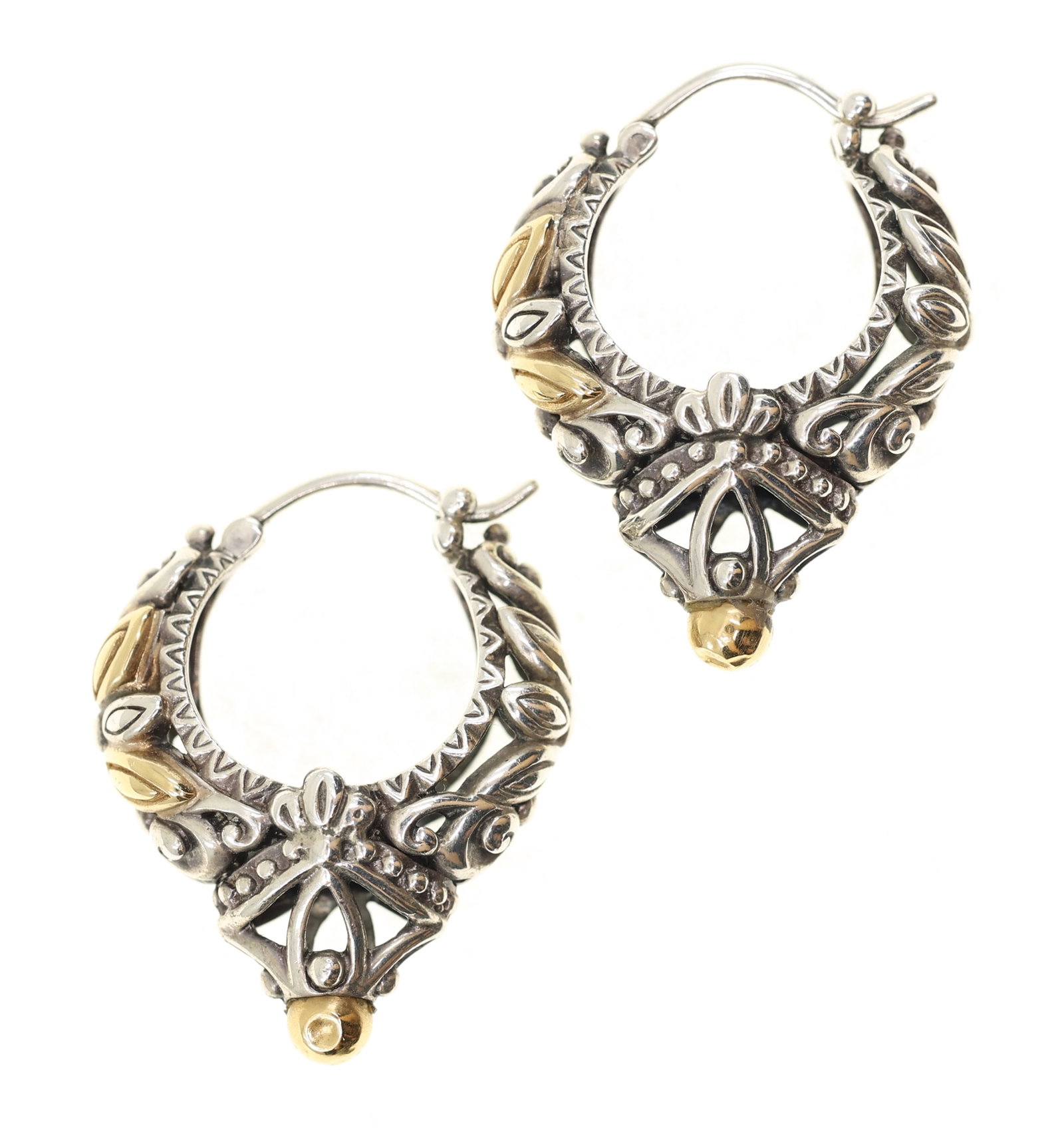 STERLING SILVER & 18K GOLD BARBARA BIXBY HOOP EARRINGS: STERLING SILVER & 18K GOLD BARBARA BIXBY HOOP EARRINGS Sterling silver and 18K yellow gold Barbara Bixby floral design hoop earrings. Weight: 12g IMPORTANT NOTE - PLEASE READ: