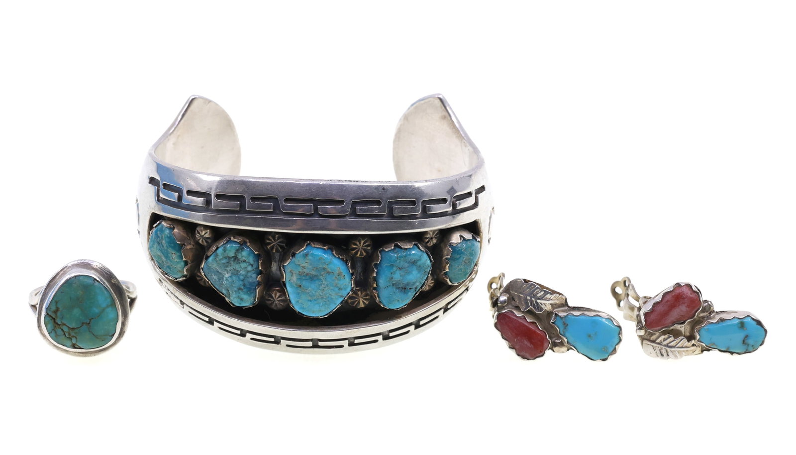STERLING SILVER & TURQUOISE BRACELET, EARRINGS & RING (1 of 11)