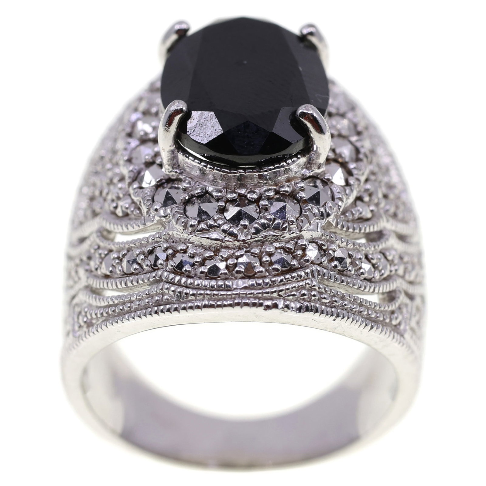 STERLING SILVER DJ ONYX & MARCASITE COCKTAIL RING (1 of 7)