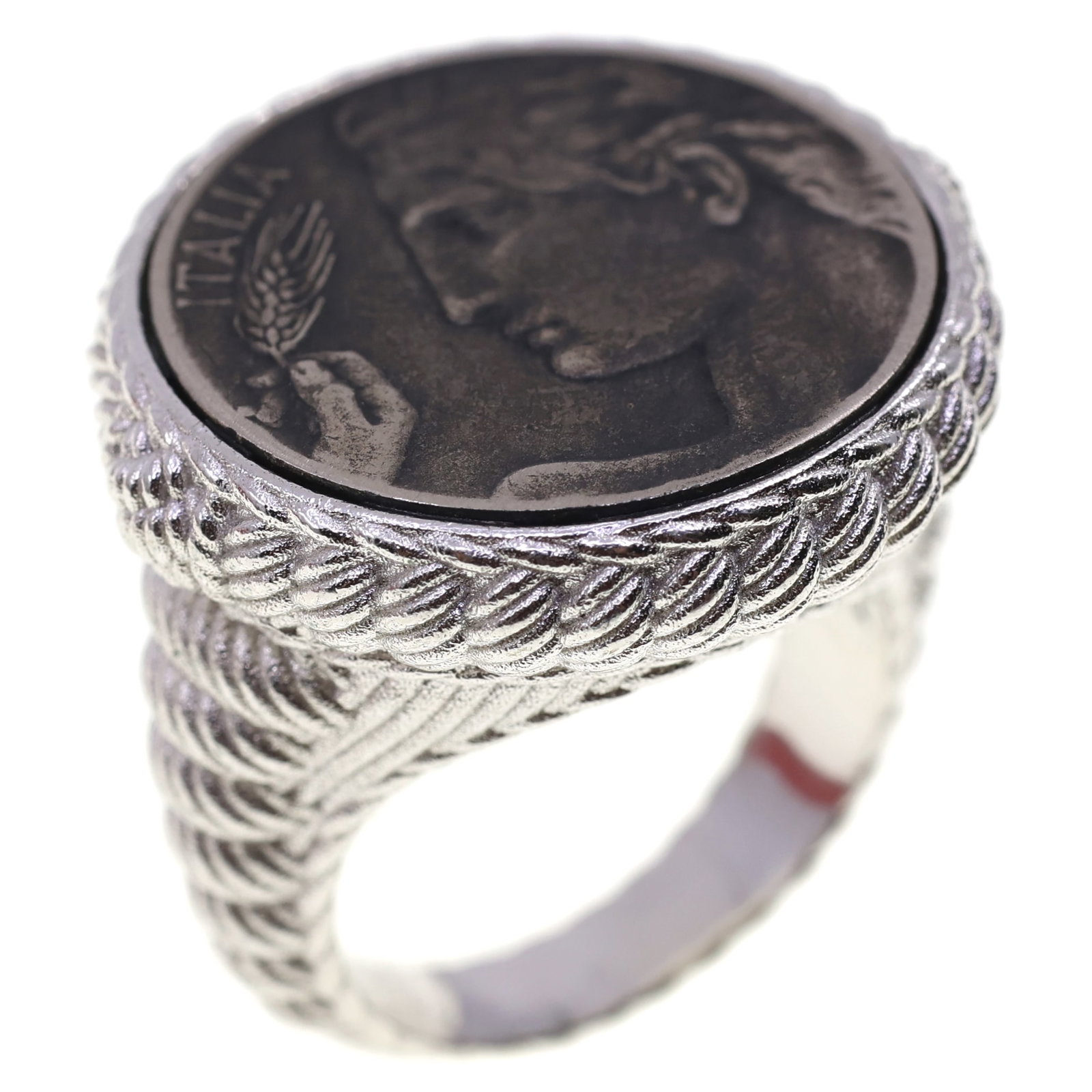 STERLING SILVER JUDITH RIPKA VERONA COIN RING: STERLING SILVER JUDITH RIPKA VERONA COIN RING Sterling silver Judith Ripka Verona, round textured coin ring, with an Italian 1921 20 lira. Stamped to the interior of the shank. Size: