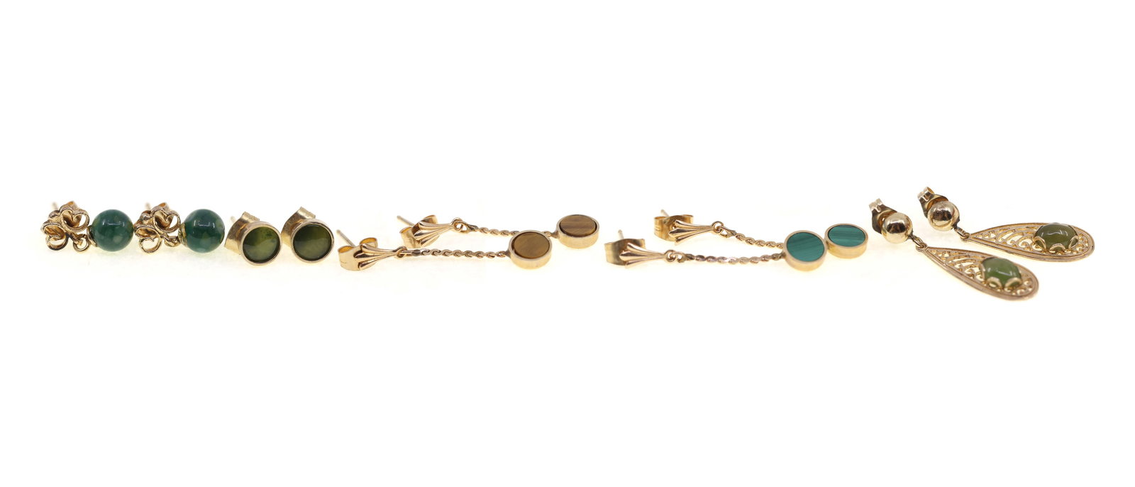 14K YELLOW GOLD EARRINGS - MALACHITE, JADE, TIGER'S EYE: 14K YELLOW GOLD EARRINGS - MALACHITE, JADE, TIGER'S EYE 14K yellow gold earrings, pairs include: (2) malachite (2) jade (1) tiger's eye Weight: 6g IMPORTANT NOTE