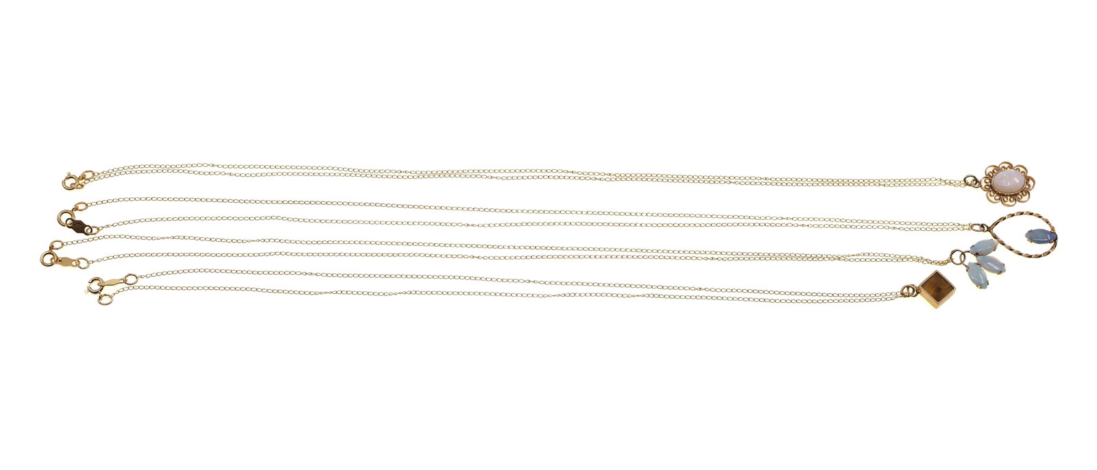 14K YELLOW GOLD NECKLACES - OPAL & TIGER'S EYE: 14K YELLOW GOLD NECKLACES - OPAL & TIGER'S EYE 14K yellow gold necklaces: (3) opal (1) tiger's eye Size: 16" and 18" Weight: 5g IMPORTANT NOTE - PLEASE READ: Shipping & Pay