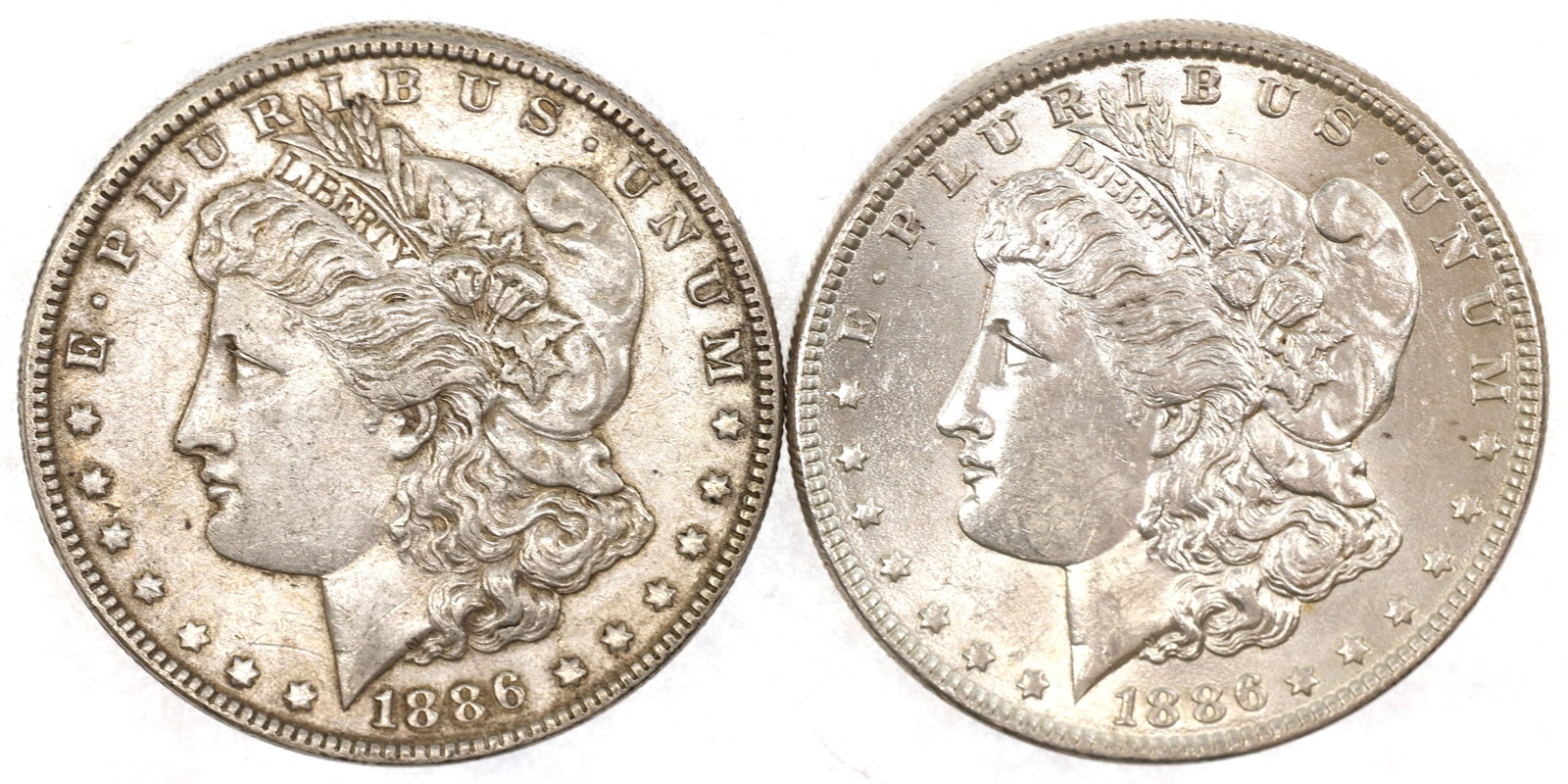 1886 US SILVER MORGAN DOLLAR XF COINS - LOT OF 2: 1886 US SILVER MORGAN DOLLAR XF COINS - LOT OF 2 Two 1886-P United States .900 silver Morgan $1 coins, both XF condition. IMPORTANT NOTE - PLEASE READ: OUR IN-HOUSE SHIPPING & INVOICING Shipping