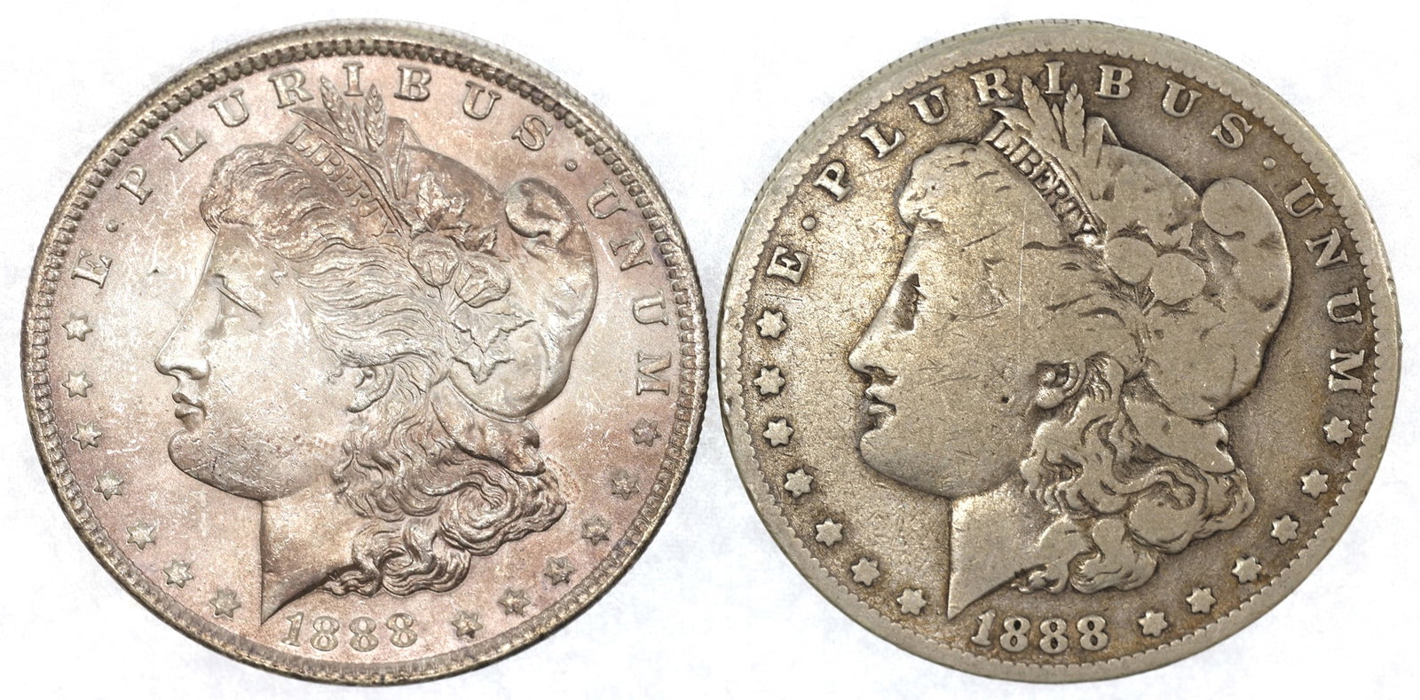 1888 US SILVER MORGAN $1 G/MS COINS - LOT OF 2: 1888 US SILVER MORGAN $1 G/MS COINS - LOT OF 2 Two United States .900 silver Morgan Dollar coins, G to MS condition. Includes one 1888-O and one 1888-P. IMPORTANT NOTE - PLEASE READ: OUR IN-HOUS