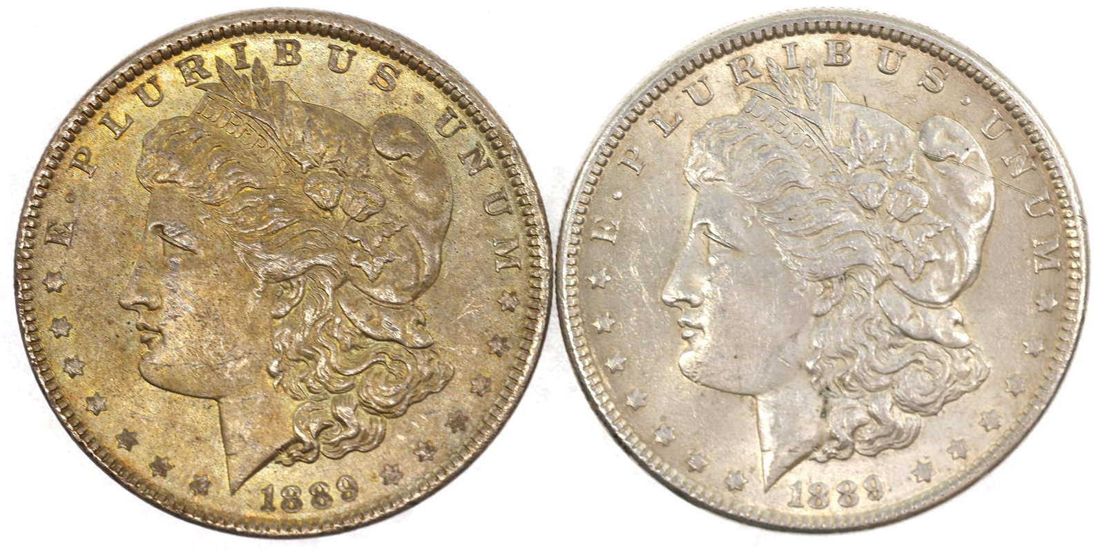 1889 US SILVER MORGAN DOLLAR XF COINS - LOT OF 2: 1889 US SILVER MORGAN DOLLAR XF COINS - LOT OF 2 Two 1889 United States .900 silver Morgan $1 coins, both XF condition. IMPORTANT NOTE - PLEASE READ: OUR IN-HOUSE SHIPPING & INVOICING Shipping: LiveAu