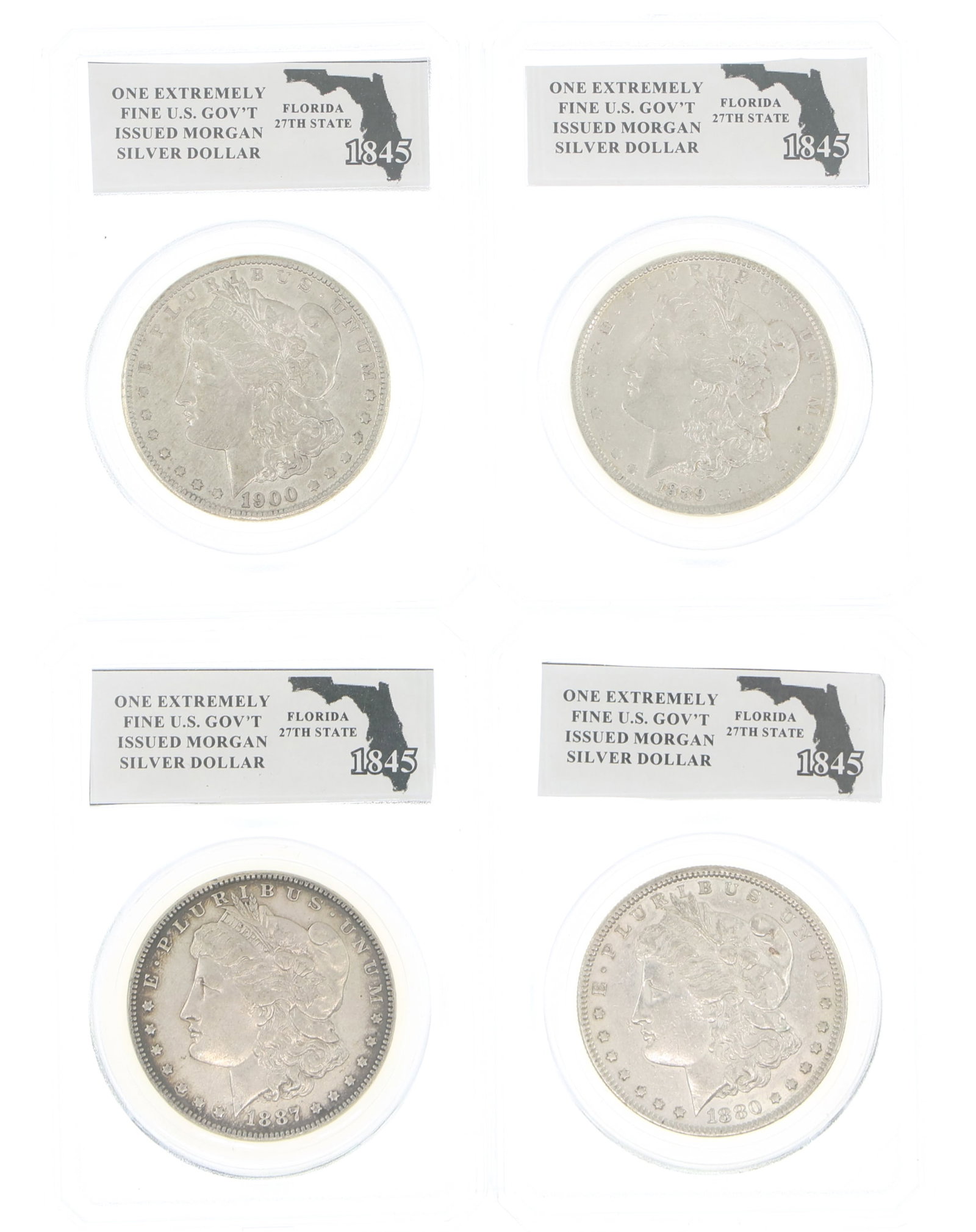 US SILVER MORGAN DOLLAR COINS - LOT OF 4 ENCASED: US SILVER MORGAN DOLLAR COINS - LOT OF 4 ENCASED Encased United States .900 silver Morgan $1 coins: 1880 1887 1889 1900-O IMPORTANT NOTE - PLEASE READ: OUR