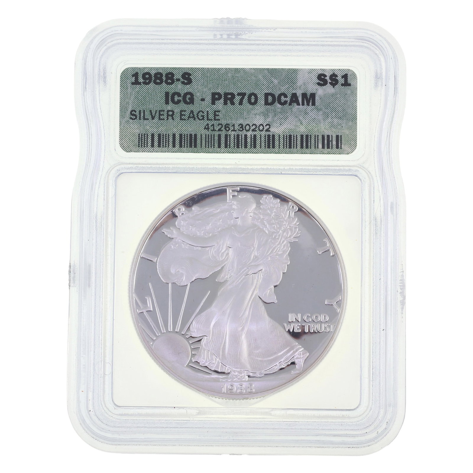 1988-S US .999 SILVER EAGLE $1 COIN ICG PR 70 DCAM: 1988-S US .999 SILVER EAGLE $1 COIN ICG PR 70 DCAM ICG graded 1988-S United States .999 silver Eagle $1 coin, PR 70 DCAM. IMPORTANT NOTE - PLEASE READ: OUR IN-HOUSE SHIPPING & INV