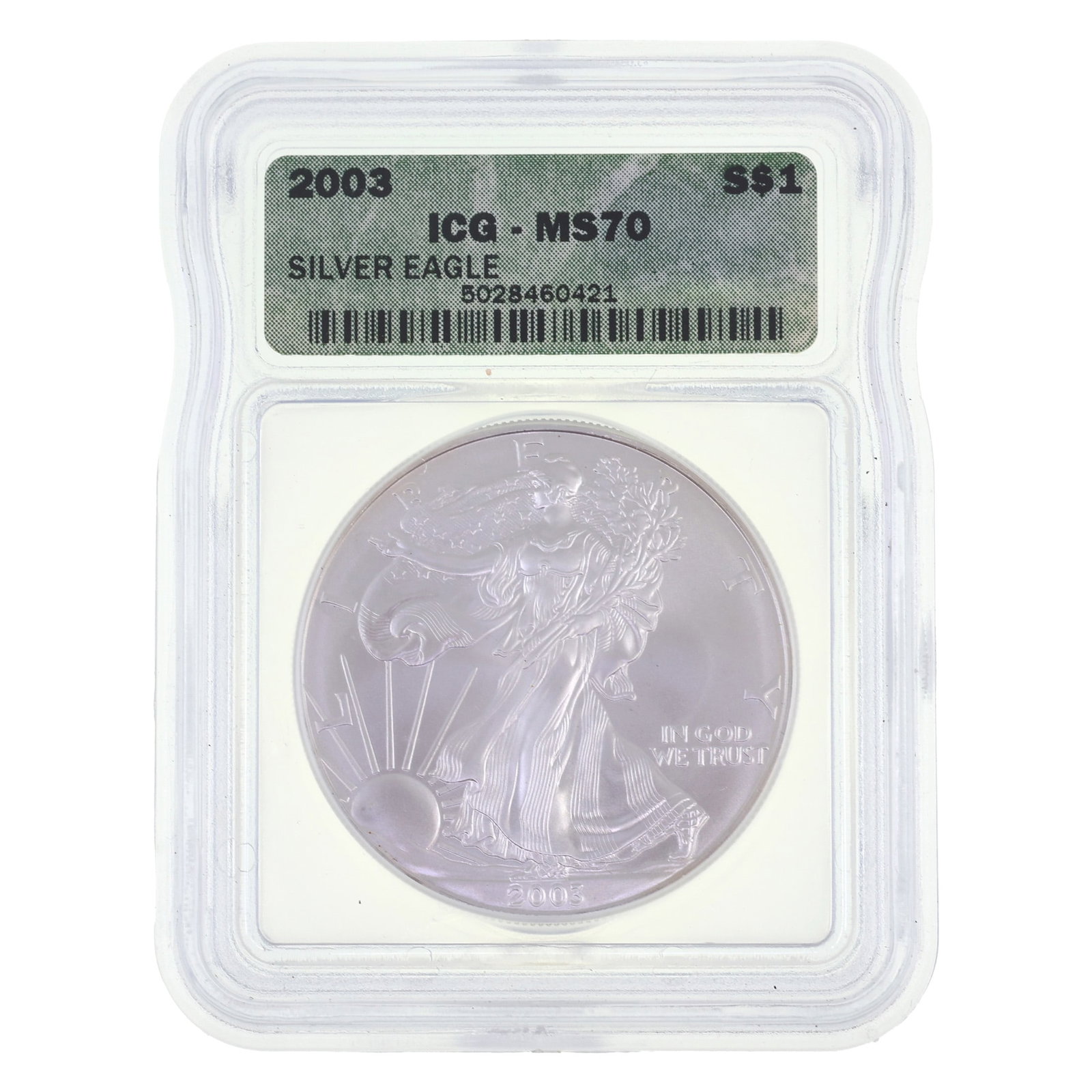 2003 US .999 SILVER EAGLE $1 COIN ICG MS 70: 2003 US .999 SILVER EAGLE $1 COIN ICG MS 70 ICG graded 2003 United States .999 silver Eagle $1 coin, MS 70. IMPORTANT NOTE - PLEASE READ: OUR IN-HOUSE SHIPPING & INVOICING Shipping: LiveAuctionee
