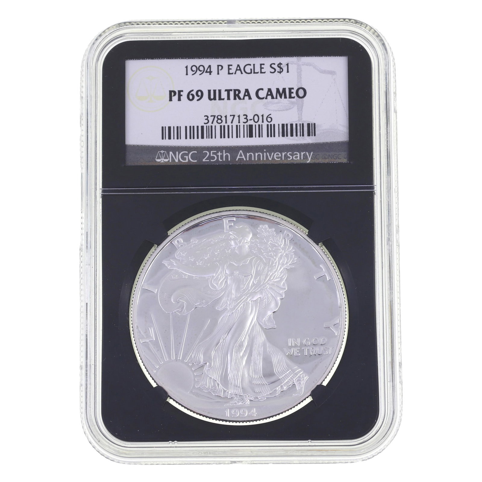 1994-P US SILVER EAGLE $1 COIN NGC PF69 ULTRA CAMEO: 1994-P US SILVER EAGLE $1 COIN NGC PF69 ULTRA CAMEO NGC graded 1994-P United States .999 silver Eagle $1 coin, 25th Anniversary, PF 69 Ultra Cameo. IMPORTANT NOTE - PLEASE READ: OUR IN-HOUSE SHIP