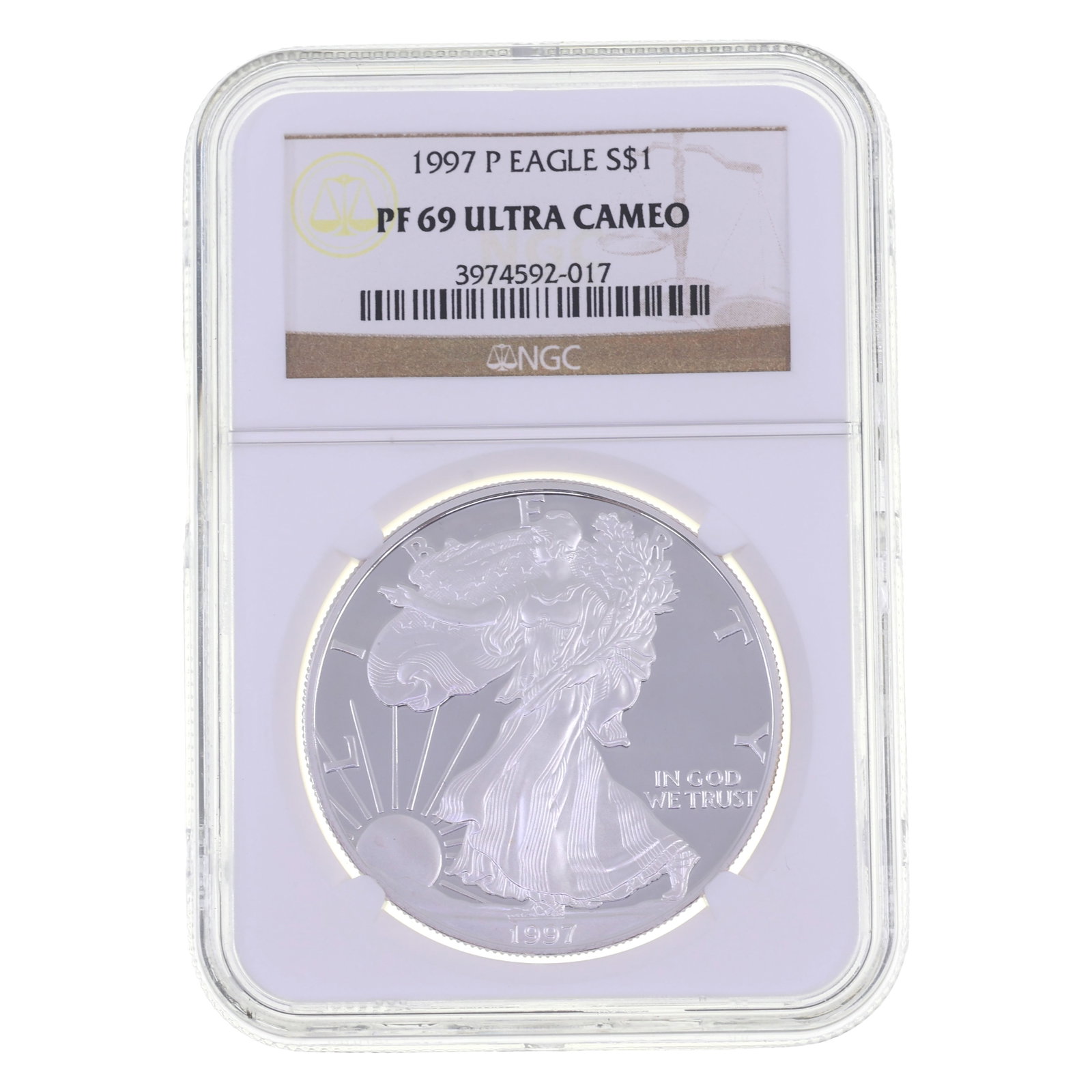 1997-P US SILVER EAGLE $1 COIN NGC PF69 ULTRA CAMEO: 1997-P US SILVER EAGLE $1 COIN NGC PF69 ULTRA CAMEO NGC graded 1997-P United States .999 silver Eagle $1 coin, PF 69 Ultra Cameo. IMPORTANT NOTE - PLEASE READ: OUR IN-HOUSE SHIPPING & INVOICING S