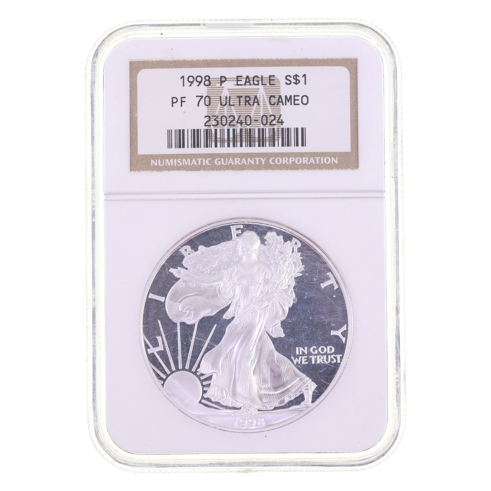 1998-P US SILVER EAGLE $1 COIN NGC PF70 ULTRA CAMEO: 1998-P US SILVER EAGLE $1 COIN NGC PF70 ULTRA CAMEO NGC graded 1998-P United States .999 silver Eagle $1 coin, PF 70 Ultra Cameo. IMPORTANT NOTE - PLEASE READ: OUR IN-HOUSE SHIPPING & INVOICING Shippi