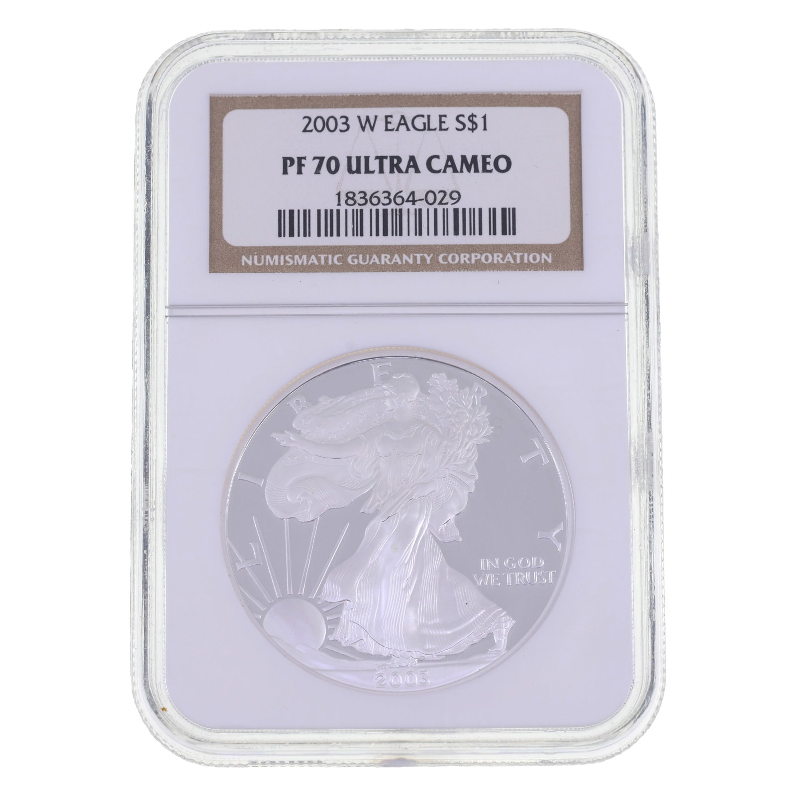2003-W US SILVER EAGLE $1 COIN NGC PF70 ULTRA CAMEO: 2003-W US SILVER EAGLE $1 COIN NGC PF70 ULTRA CAMEO NGC graded 2003-W United States .999 silver Eagle $1 coin, PF 70 Ultra Cameo. IMPORTANT NOTE - PLEASE READ: OUR IN-HOUSE SHIPPING & INVOICING S