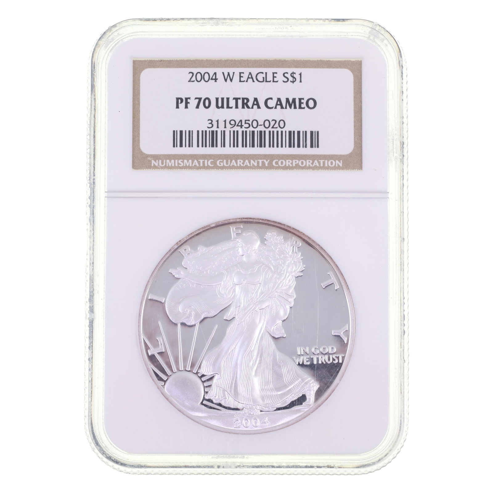 2004-W US SILVER EAGLE $1 COIN NGC PF70 ULTRA CAMEO: 2004-W US SILVER EAGLE $1 COIN NGC PF70 ULTRA CAMEO NGC graded 2004-W United States .999 silver Eagle $1 coin, PF 70 Ultra Cameo. IMPORTANT NOTE - PLEASE READ: OUR IN-HOUSE SHIPPING & INVOICING S