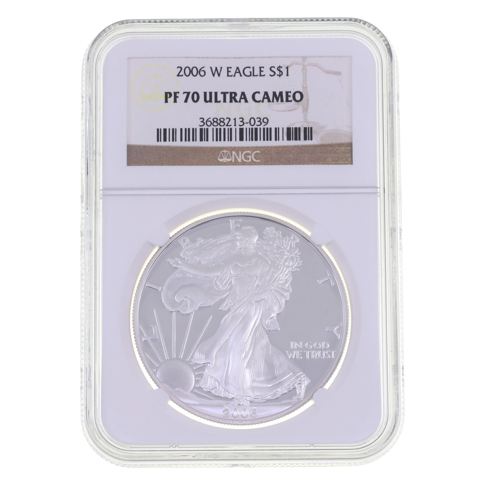 2006-W US SILVER EAGLE $1 COIN NGC PF70 ULTRA CAMEO: 2006-W US SILVER EAGLE $1 COIN NGC PF70 ULTRA CAMEO NGC graded 2006-W United States .999 silver Eagle $1 coin, PF 70 Ultra Cameo. IMPORTANT NOTE - PLEASE READ: OUR IN-HOUSE SHIPPING & INVOICING S