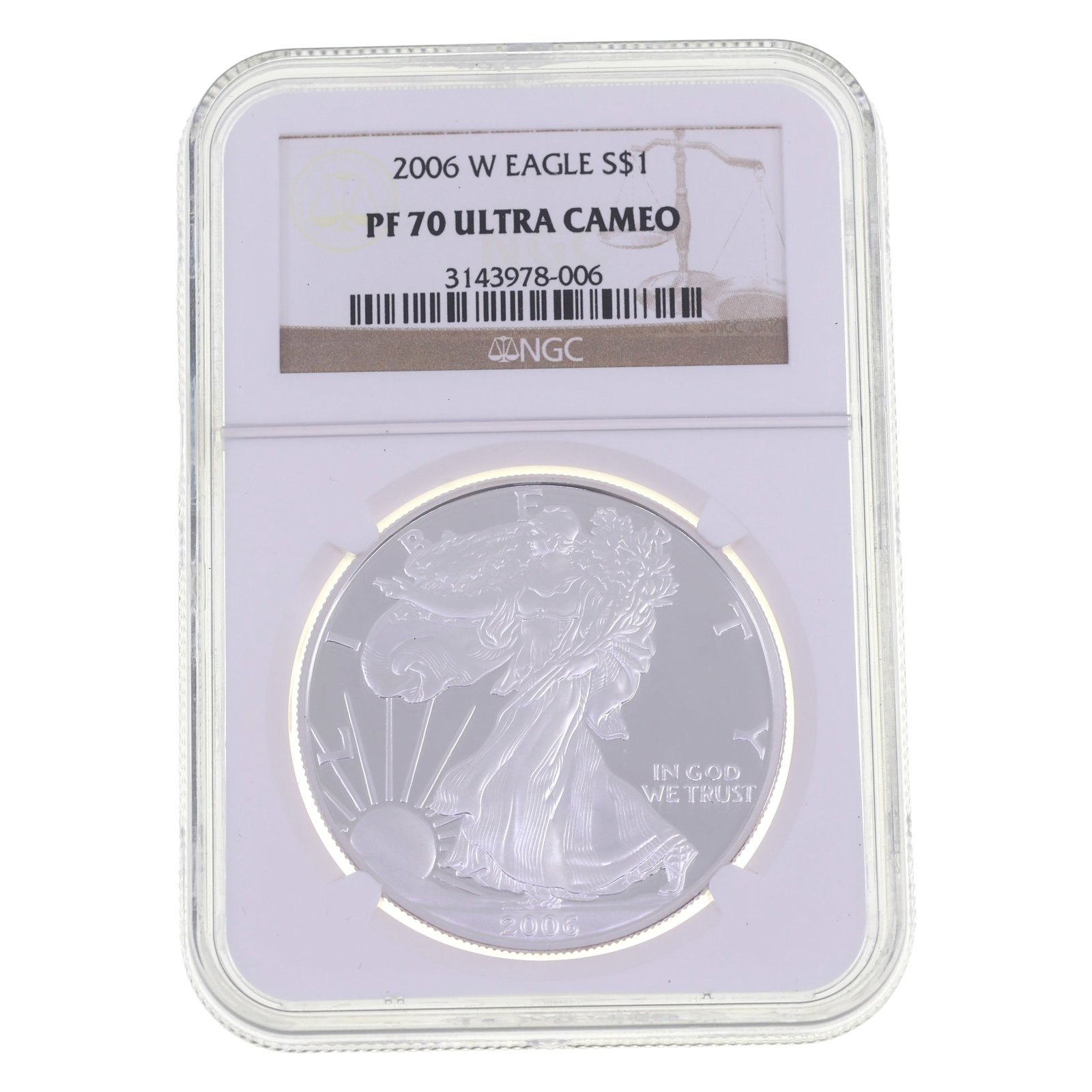 2006-W US SILVER EAGLE $1 COIN NGC PF70 ULTRA CAMEO: 2006-W US SILVER EAGLE $1 COIN NGC PF70 ULTRA CAMEO NGC graded 2006-W United States .999 silver Eagle $1 coin, PF 70 Ultra Cameo. IMPORTANT NOTE - PLEASE READ: OUR IN-HOUSE SHIPPING & INVOICING S