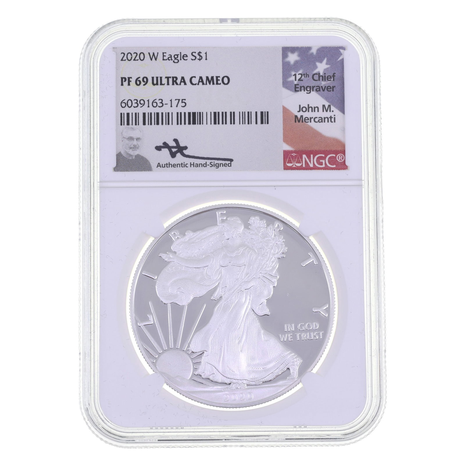 2020-W US SILVER EAGLE $1 COIN NGC PF69 ULTRA CAMEO: 2020-W US SILVER EAGLE $1 COIN NGC PF69 ULTRA CAMEO NGC graded 2020-W United States .999 silver Eagle $1 coin, PF 69 Ultra Cameo, signed by John M. Mercanti (12th chief engraver). IMPORTANT