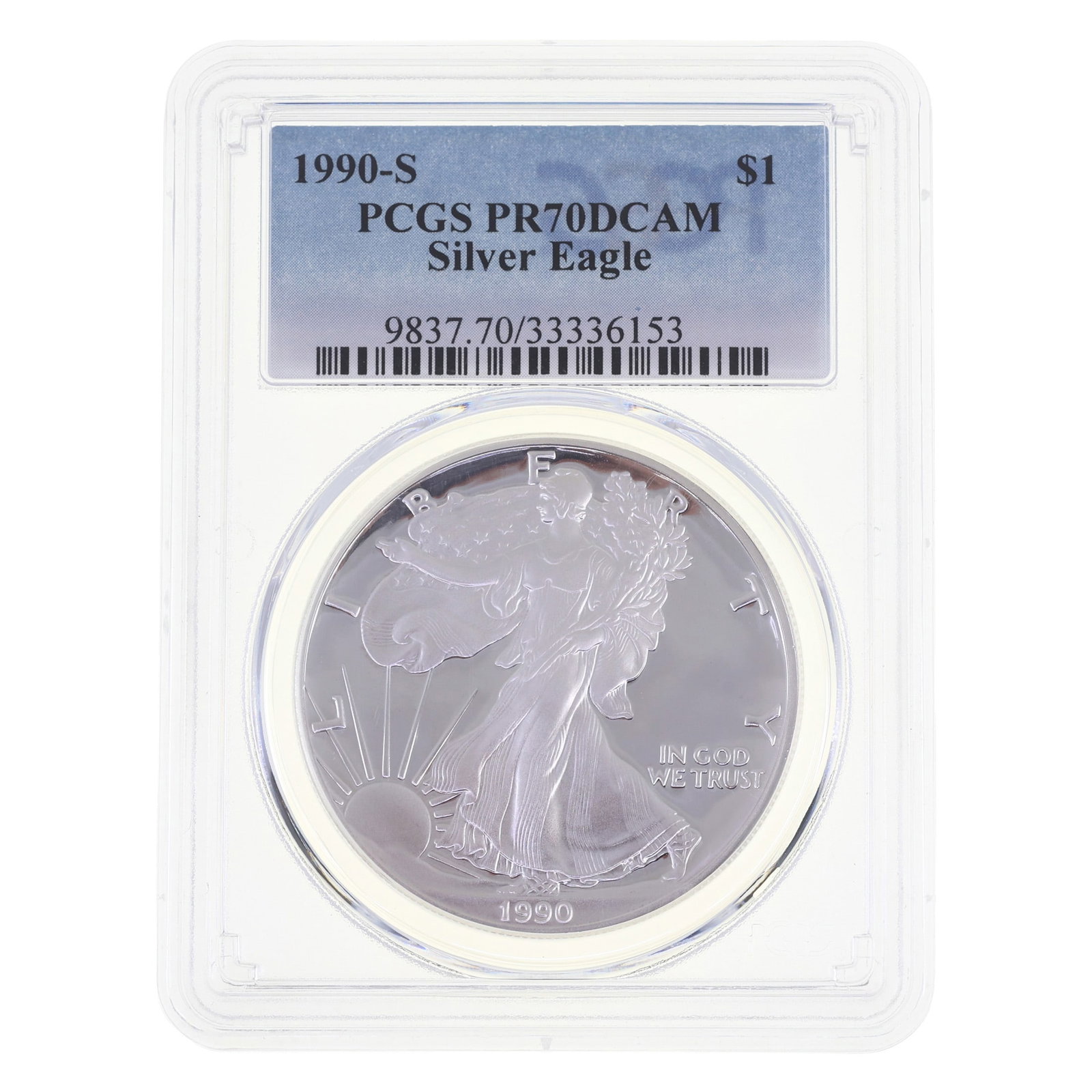 1990-S US .999 SILVER EAGLE $1 COIN PCGS PR 70 DCAM: 1990-S US .999 SILVER EAGLE $1 COIN PCGS PR 70 DCAM PCGS graded 1990-S United States .999 silver Eagle $1 coin, PR 70 DCAM. IMPORTANT NOTE - PLEASE READ: OUR IN-HOUSE SHIPPING & INVOICING Shippin