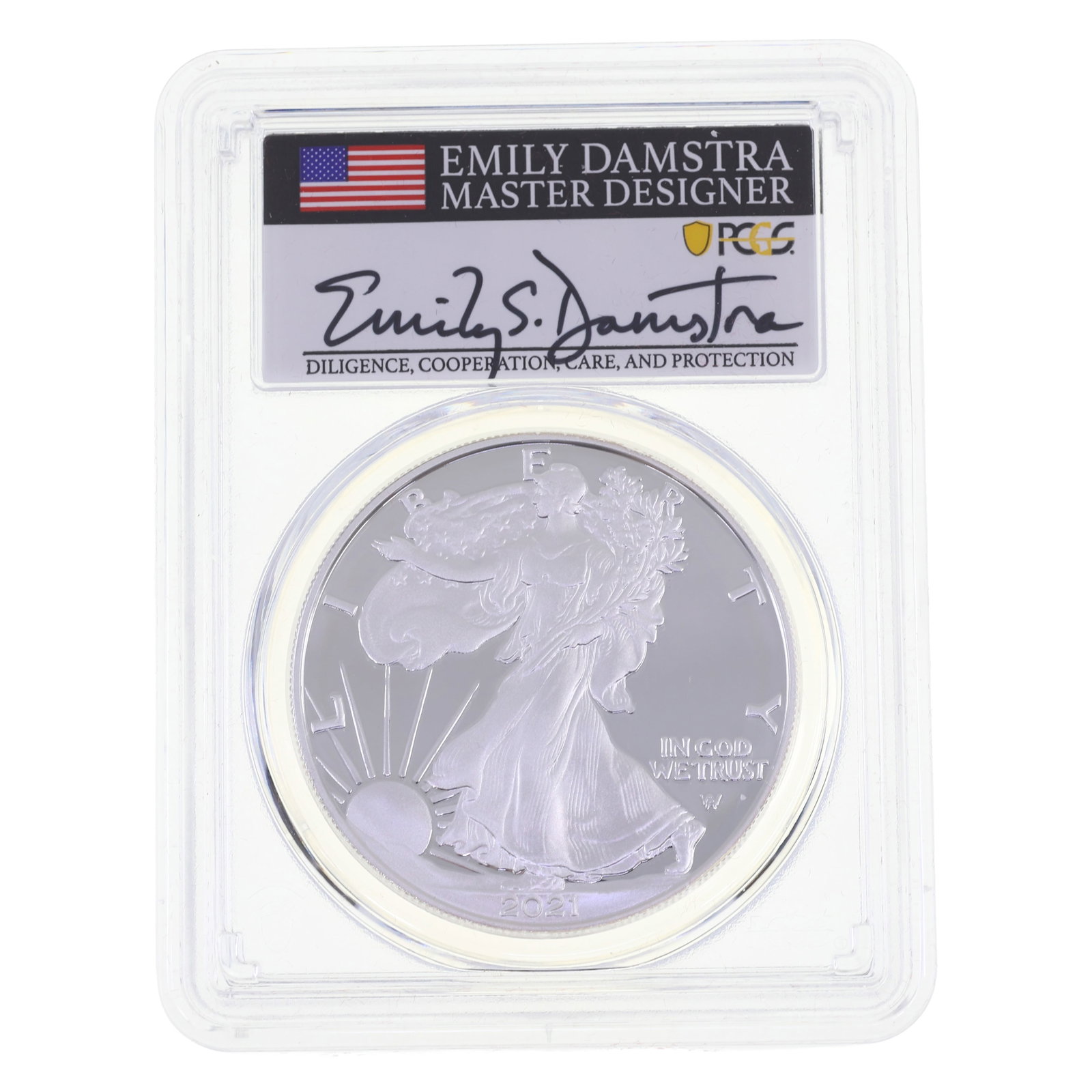 2021-S US .999 SILVER EAGLE $1 TYPE 2 PCGS GEM PROOF: 2021-S US .999 SILVER EAGLE $1 TYPE 2 PCGS GEM PROOF PCGS graded 2021-S United States .999 silver Eagle $1 coin, Type 2, Gem Proof. Signed by Emily Damstra (master designer). IMPORTANT NOTE - PL