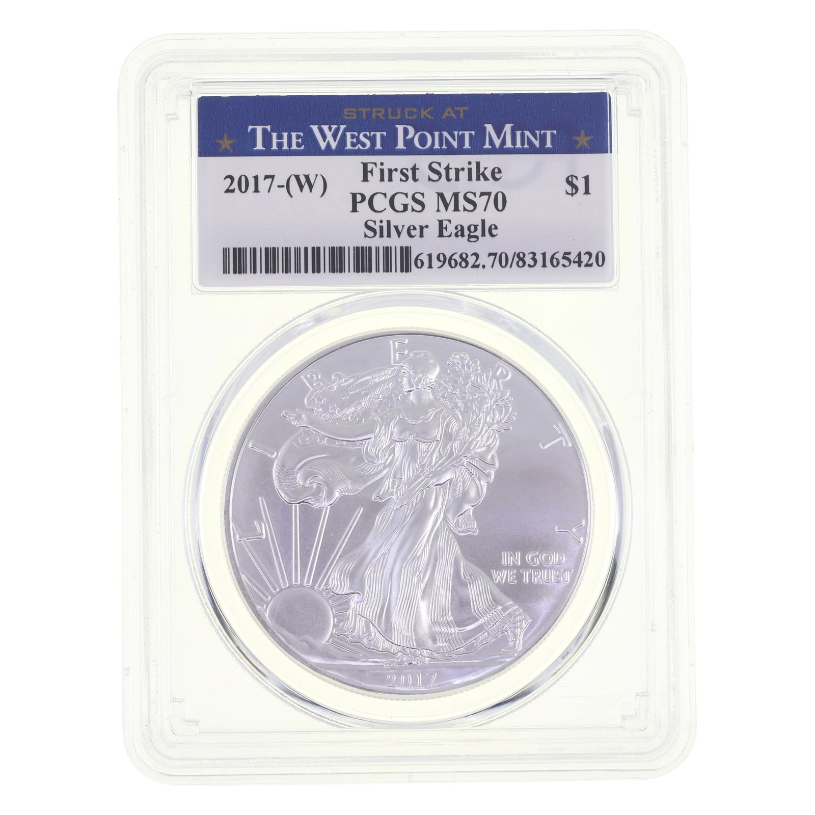 2017-W US SILVER EAGLE $1 COIN 1ST STRIKE PCGS MS 70: 2017-W US SILVER EAGLE $1 COIN 1ST STRIKE PCGS MS 70 PCGS graded 2017-W United States .999 silver Eagle $1 coin, first strike, MS 70. IMPORTANT NOTE - PLEASE READ: OUR IN-HOUSE SH