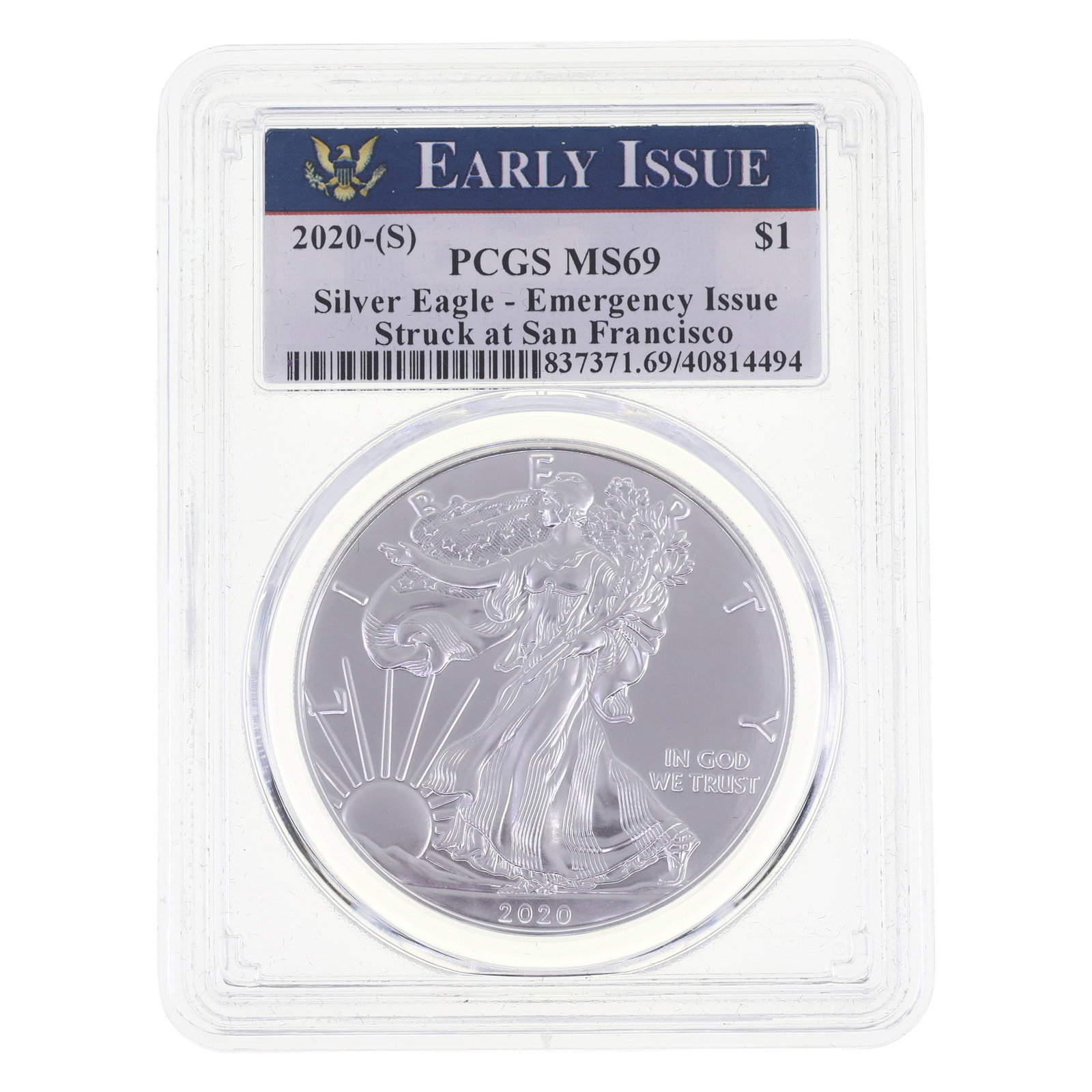 2020-S US .999 SILVER EAGLE $1 COIN PCGS MS 69: 2020-S US .999 SILVER EAGLE $1 COIN PCGS MS 69 PCGS graded 2020-S United States .999 silver Eagle $1 coin, Emergency Issue, MS 69. IMPORTANT NOTE - PLEASE READ: OUR IN-HOUSE SHIPPING & INVOICING 