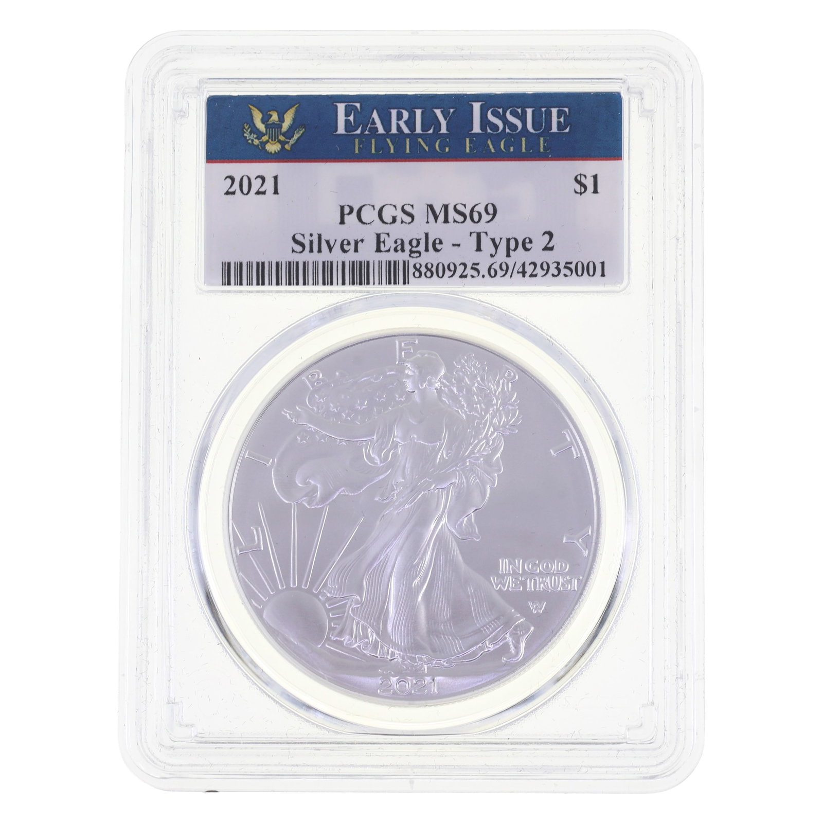 2021 US .999 SILVER EAGLE TYPE 2 $1 COIN PCGS MS 69: 2021 US .999 SILVER EAGLE TYPE 2 $1 COIN PCGS MS 69 PCGS graded 2021 United States .999 silver Eagle $1 coin, Type 2, early issues, MS 69. IMPORTANT NOTE - PLEASE READ: OUR IN-HOUSE SHIPPING & IN