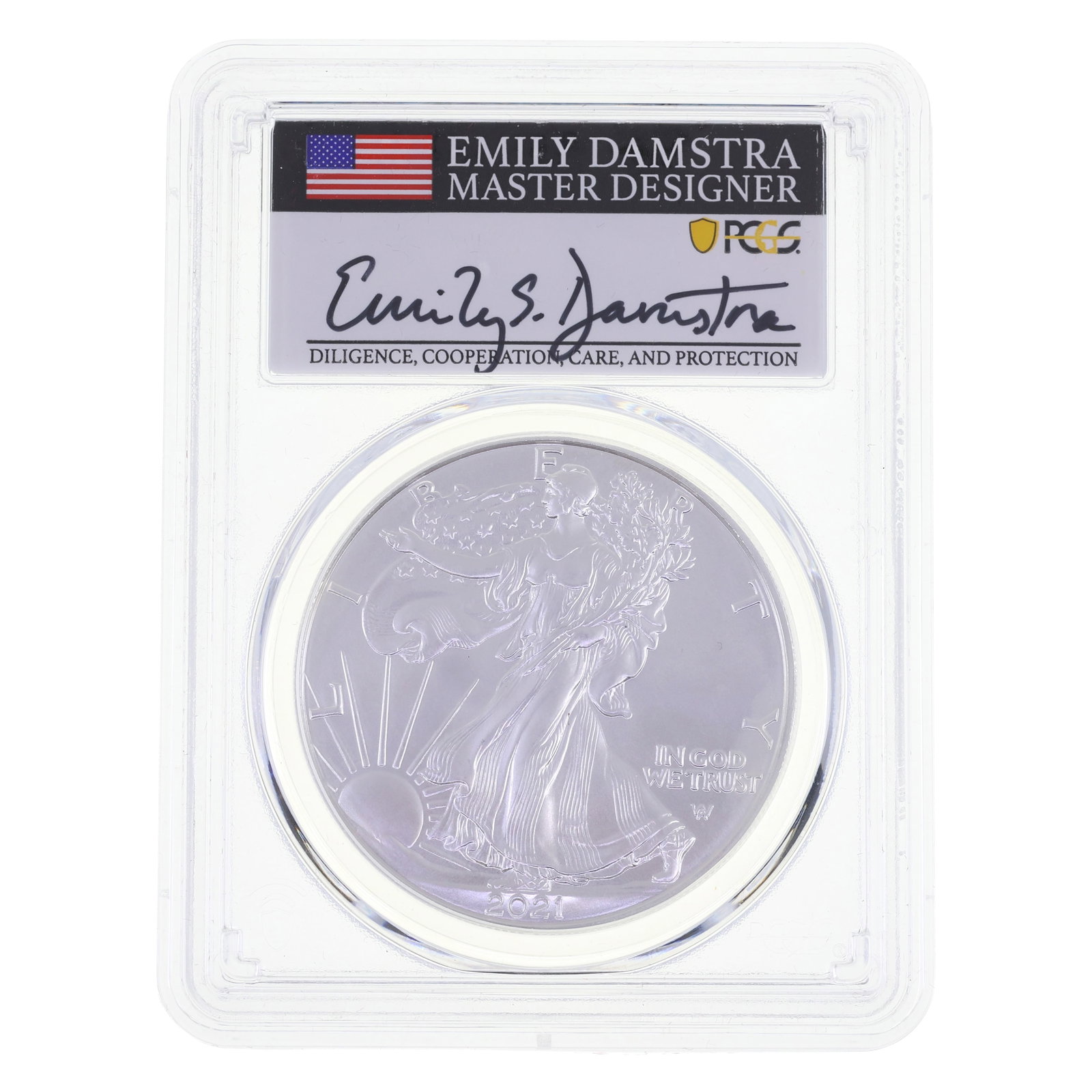 2021-W US .999 SILVER EAGLE $1 TYPE 2 PCGS GEM SP: 2021-W US .999 SILVER EAGLE $1 TYPE 2 PCGS GEM SP PCGS graded 2021-W United States .999 silver Eagle $1 coin, Type 2, Gem SP, Burnished. Signed by Emily Damstra (master designer). IMPORTANT NOTE