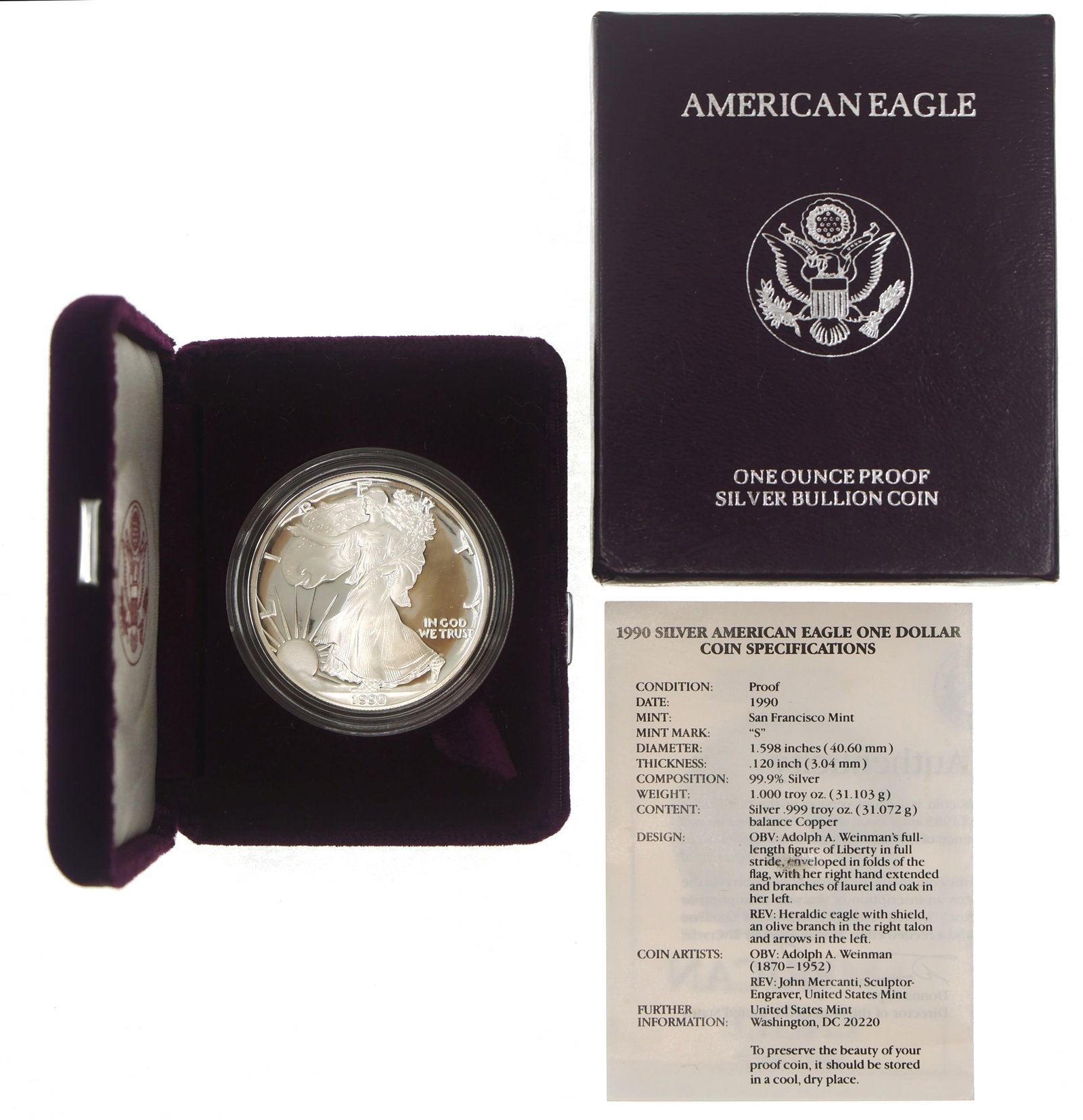 1990-S US .999 SILVER EAGLE $1 PROOF COIN (1 of 7)