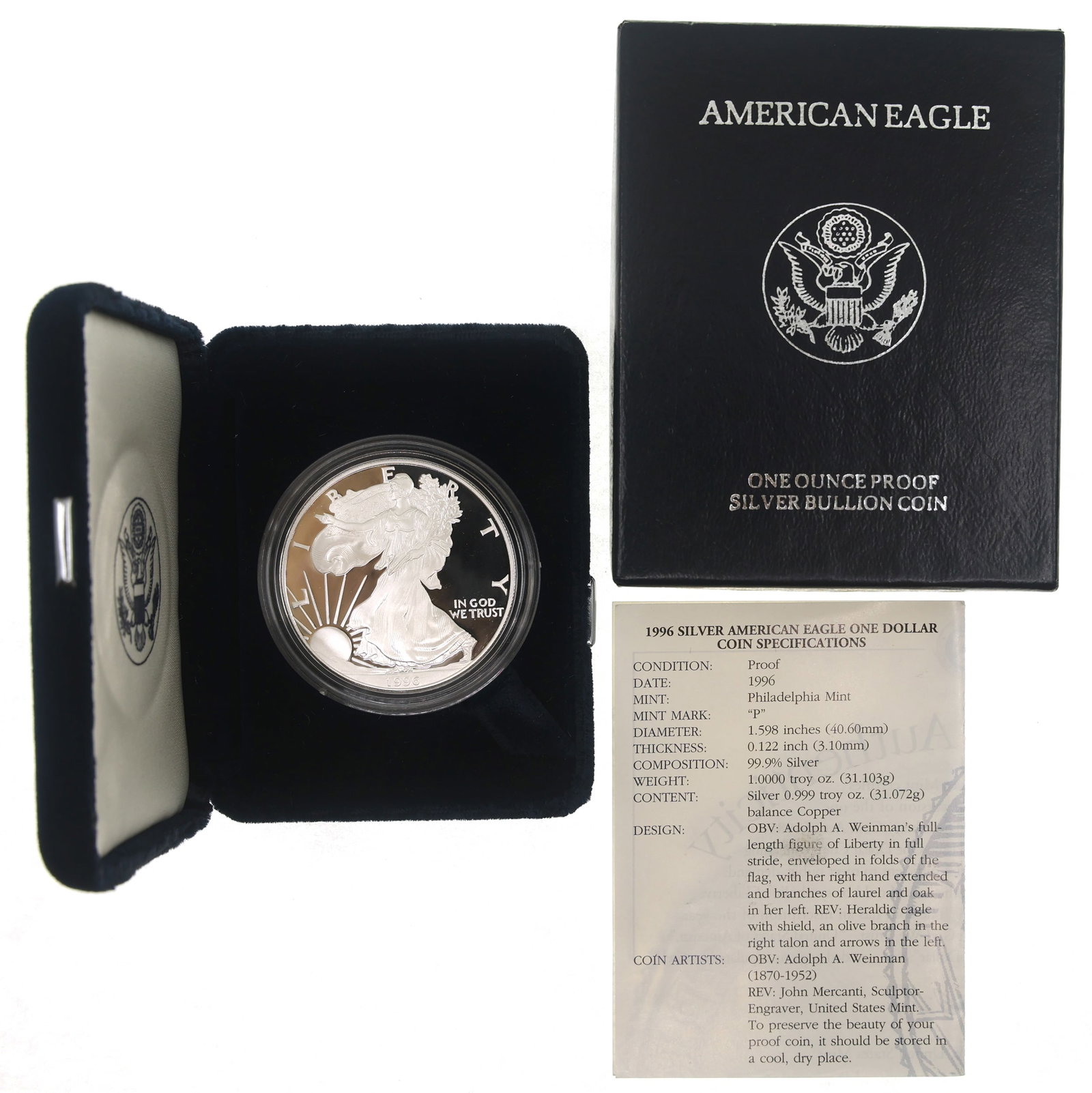 1996-P US .999 SILVER EAGLE $1 PROOF COIN (1 of 7)