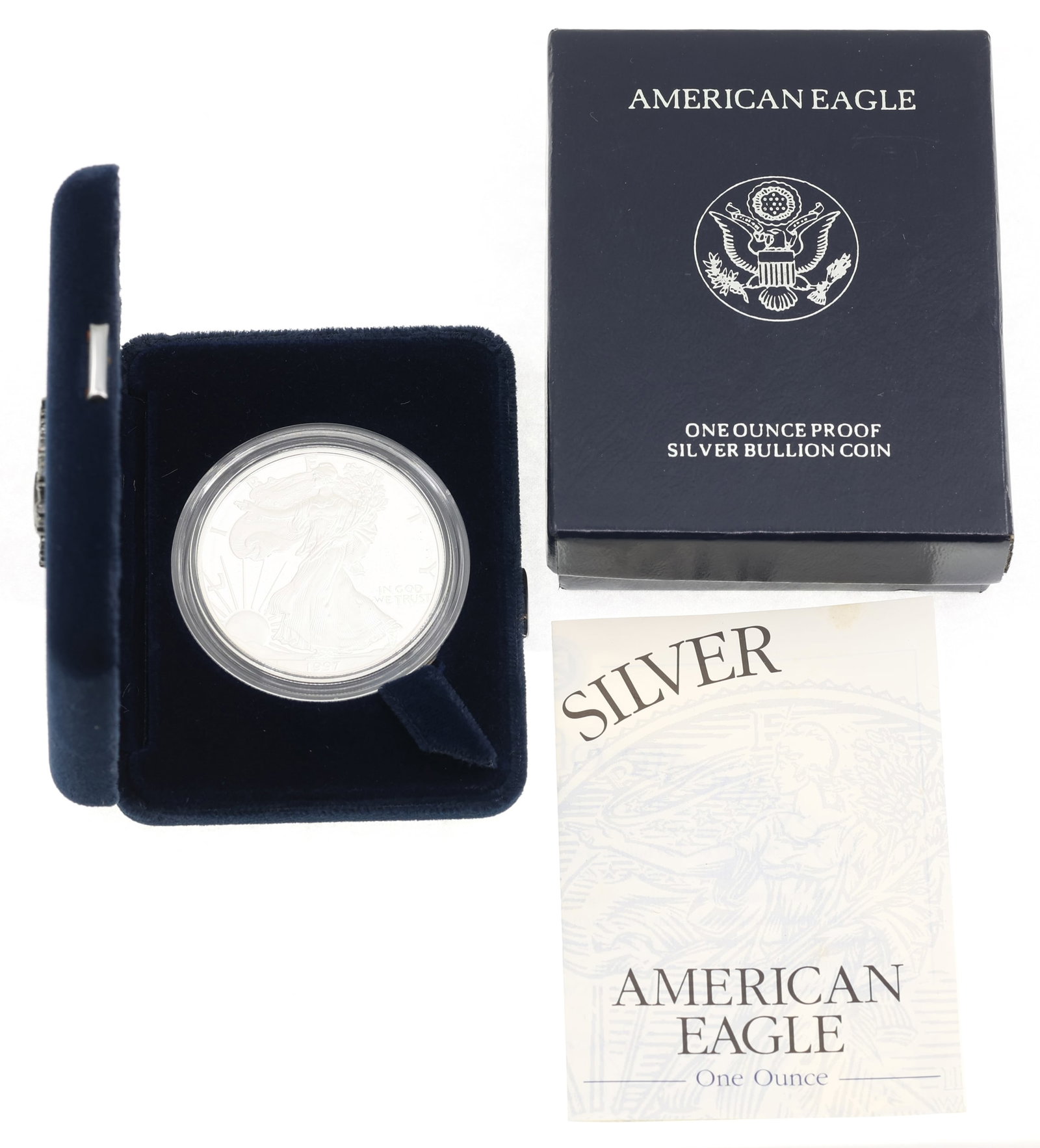 1997-P US .999 SILVER EAGLE $1 PROOF COIN: 1997-P US .999 SILVER EAGLE $1 PROOF COIN 1997-P United States .999 silver 1 oz Eagle $1 proof coin. Includes box and papers. IMPORTANT NOTE - PLEASE READ: OUR IN-HOUSE SHIPPING & INVOICING