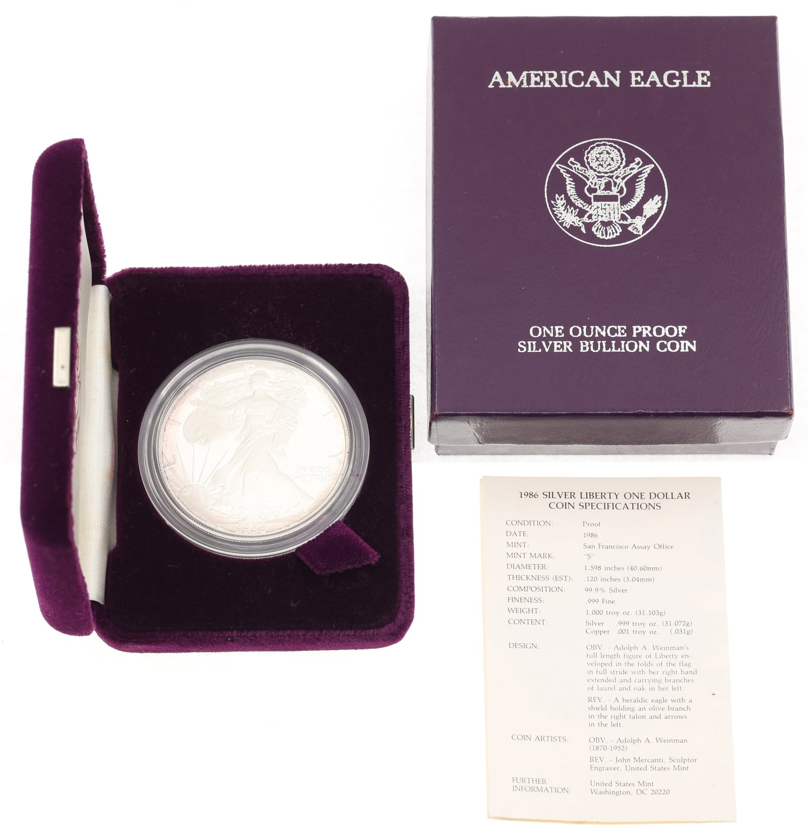 1986-S US .999 SILVER EAGLE $1 PROOF COIN (1 of 4)