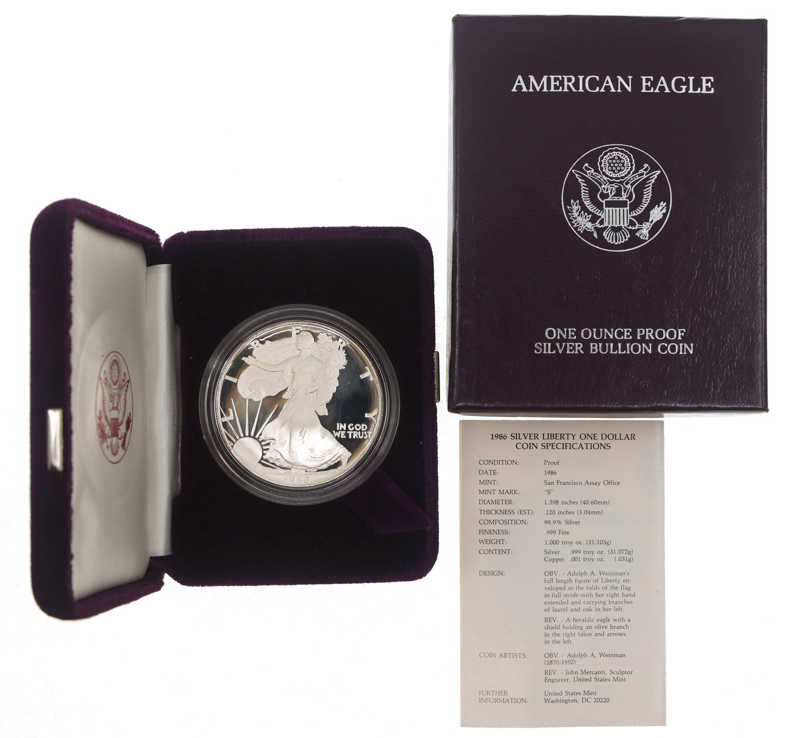 1986-S US .999 SILVER EAGLE $1 PROOF COIN (1 of 8)