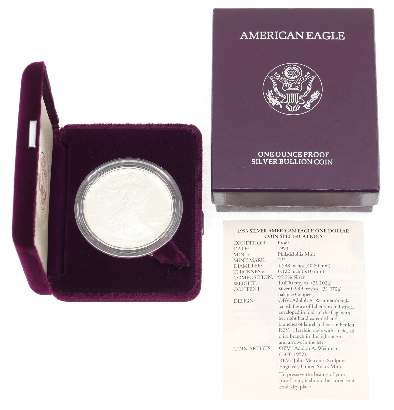 1993-P US .999 SILVER EAGLE $1 PROOF COIN: 1993-P US .999 SILVER EAGLE $1 PROOF COIN 1993-P United States .999 silver 1 oz Eagle $1 proof coin. Includes box and papers. IMPORTANT NOTE - PLEASE READ: OUR IN-HOUSE SHIPPING & INVOICING