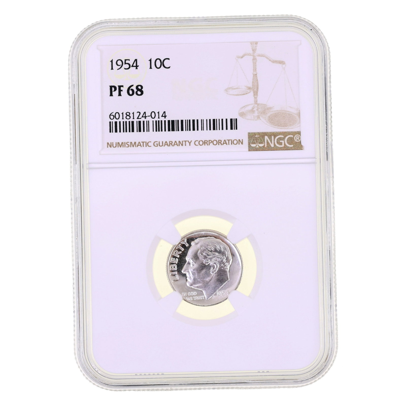1954 US SILVER ROOSEVELT DIME 10C COIN NGC PF68: 1954 US SILVER ROOSEVELT DIME 10C COIN NGC PF68 NGC graded 1954 US silver Roosevelt dime 10c coin, PF 68. IMPORTANT NOTE - PLEASE READ: OUR IN-HOUSE SHIPPING & INVOICING Shipping: LiveAuctioneers "Liv