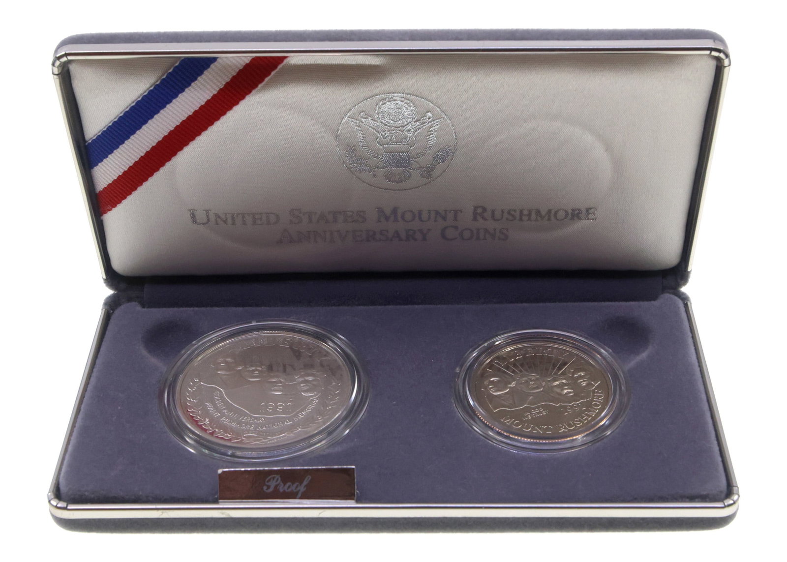 1991 US MOUNT RUSHMORE ANNIVERSARY COIN PROOF SET: 1991 US MOUNT RUSHMORE ANNIVERSARY COIN PROOF SET 1991 United States proof set for Mount Rushmore Anniversary. Includes one .900 silver half dollar and one clad half dollar. IMPORTANT NOTE - PLEASE RE