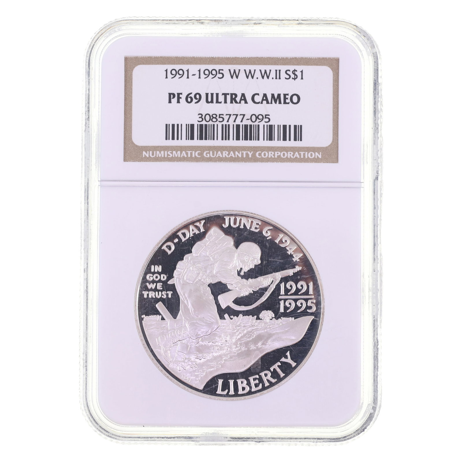 1991-95 US COMMEM. WWII $1 COIN NGC PF69 ULTRA CAMEO: 1991-95 US COMMEM. WWII $1 COIN NGC PF69 ULTRA CAMEO NGC graded 1991-1995 W United States .900 silver D-Day WWII 50th Anniversary commemorative coin, PF 69 Ultra Cameo. IMPORTANT NOTE - PLEASE READ: O