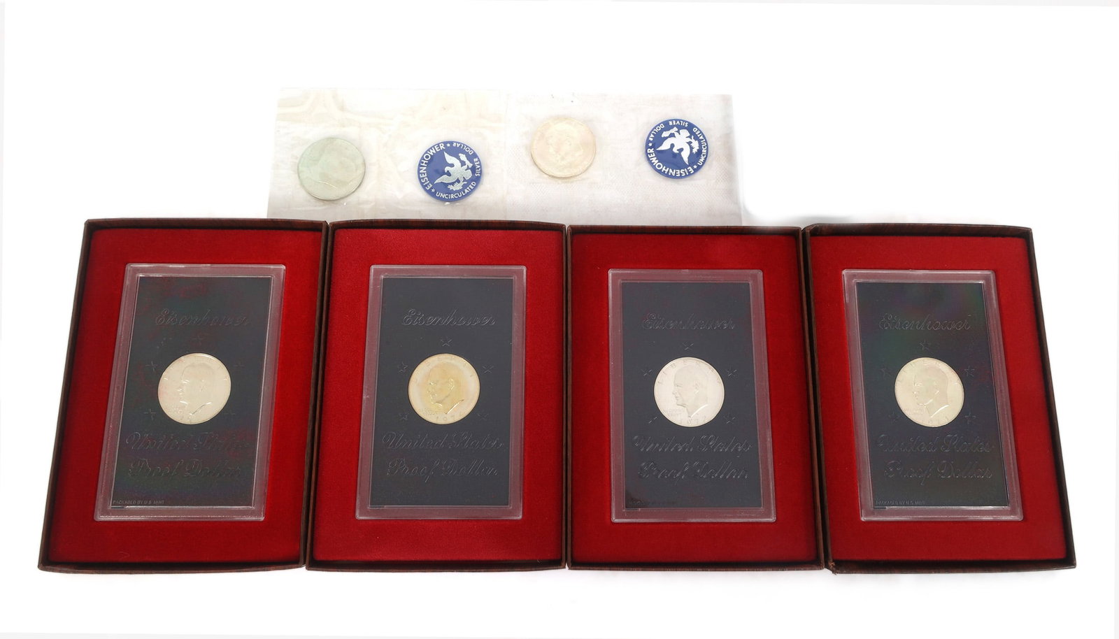 1971-1974 US 40% SILVER EISENHOWER $1 COINS: 1971-1974 US 40% SILVER EISENHOWER $1 COINS United States .400 silver Eisenhower $1 coins: Brown box proof 1971 1972 1973 1974 Blue
