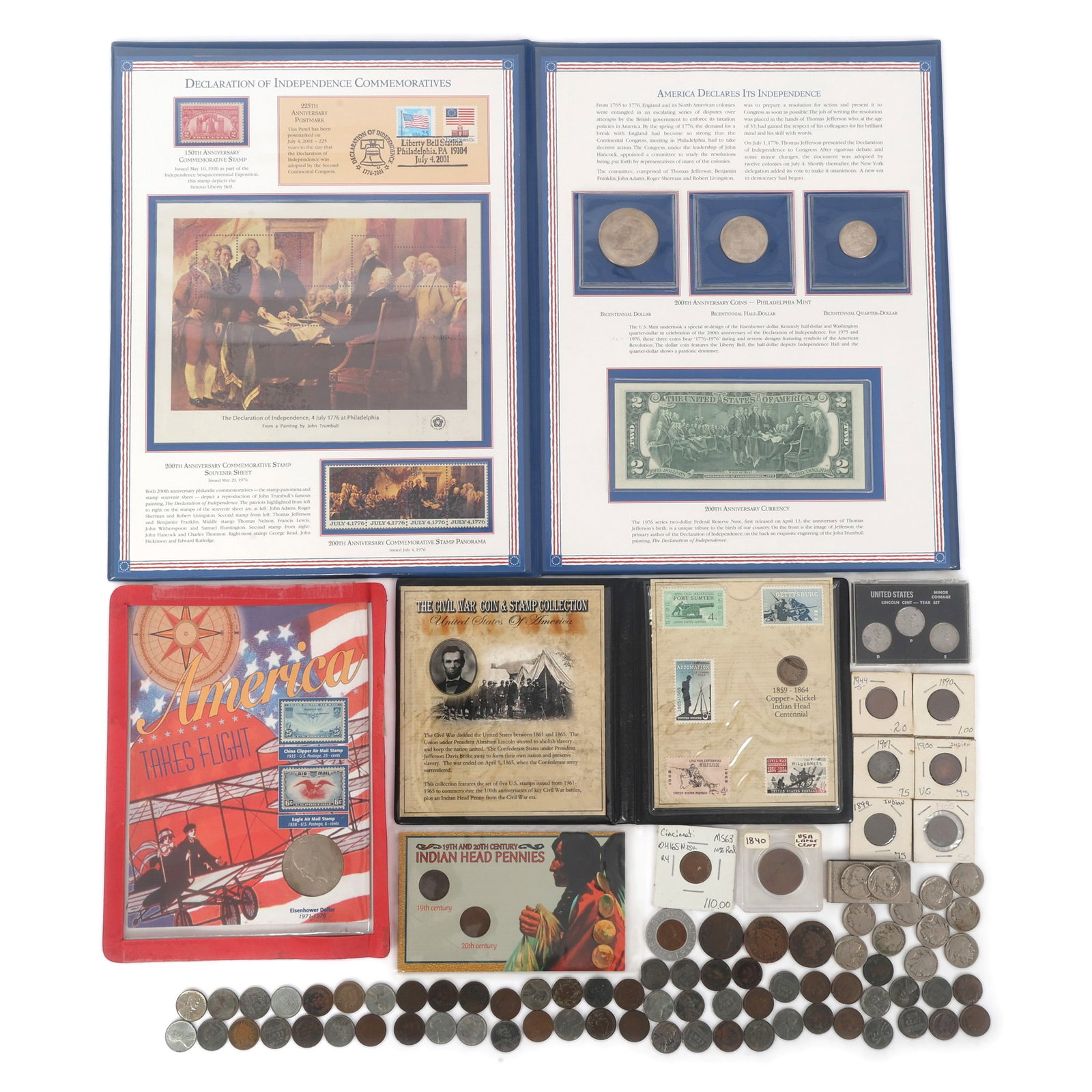 US COINS & COMMEMORATIVE POSTAGE STAMPS: US COINS & COMMEMORATIVE POSTAGE STAMPS US Coins and Commemorative Postage Stamps Indian Head Pennies, Buffalo Nickels, Lincoln Cent 1943 Year set of 3, America Takes Flight Stamps & Eisenhower Do