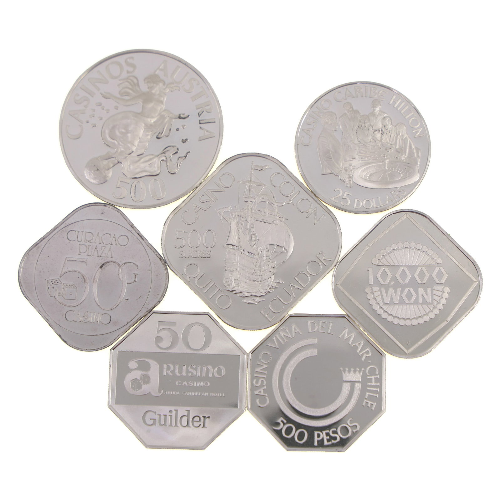 STERLING SILVER WORLD CASINO TOKENS BY FRANKLIN MINT: STERLING SILVER WORLD CASINO TOKENS BY FRANKLIN MINT Sterling silver "World's Great Casinos" gaming tokens by Franklin Mint. 111 g total weight. Includes: 50 guilder, Arusino Casino, Aruba