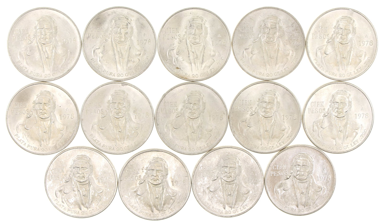 1978 MEXICO .720 SILVER 100 PESOS COINS - LOT OF 14: 1978 MEXICO .720 SILVER 100 PESOS COINS - LOT OF 14 Fourteen 1978 Mexico 100 pesos coins, .720 silver composition. Weight: 388g IMPORTANT NOTE - PLEASE READ: OUR IN-HOUSE SHIPPING & INVOICING Shipping
