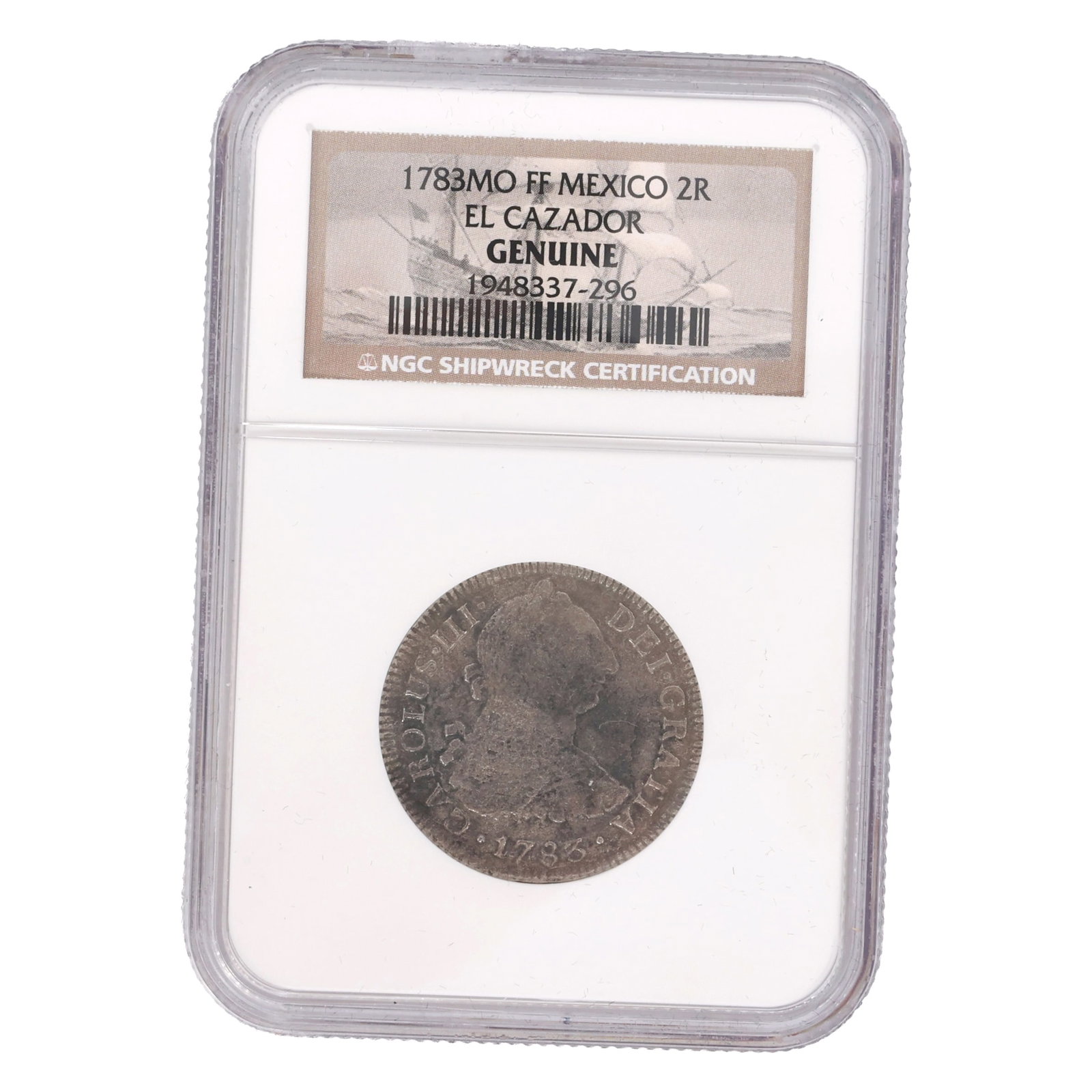 18TH C. SPANISH SHIPWRECK "EL CAZADOR" 2 REALES COIN: 18TH C. SPANISH SHIPWRECK "EL CAZADOR" 2 REALES COIN NGC-certified 1783-MO FF, Mexico, "El Cazador" 2 reales shipwreck coin. Housed in a Franklin Mint wood presentation box, with information