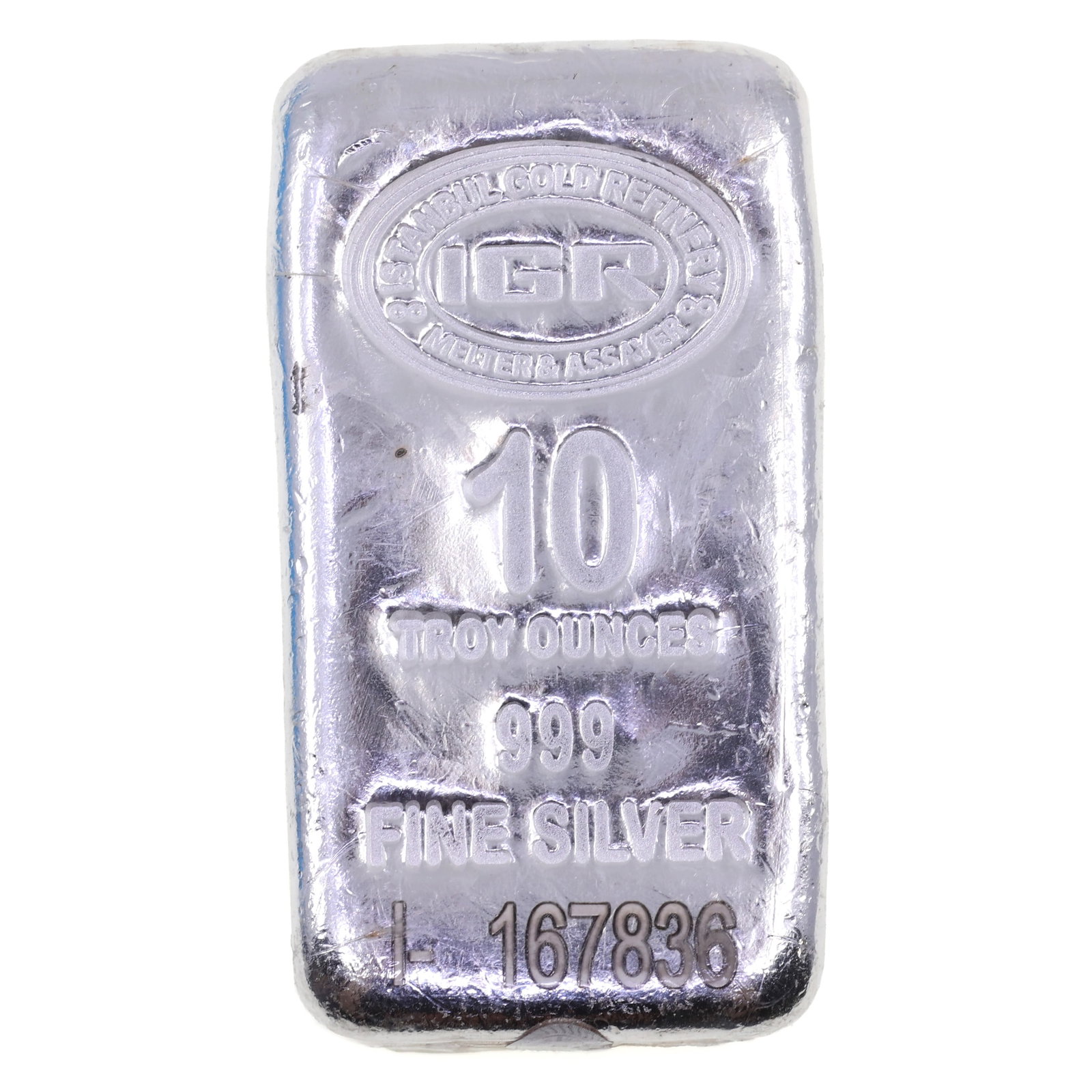 .999 SILVER IGR 10 OZT BAR: .999 SILVER IGR 10 OZT BAR 10 Troy Oz Istanbul Gold Refinery Silver Bullion Bar I-167836 IMPORTANT NOTE - PLEASE READ: OUR IN-HOUSE SHIPPING & INVOICING Shipping: LiveAuctioneers "Live